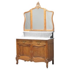 Antique French Oak & Marble Dressing Table with Tri-Fold Mirror, Circa 1890