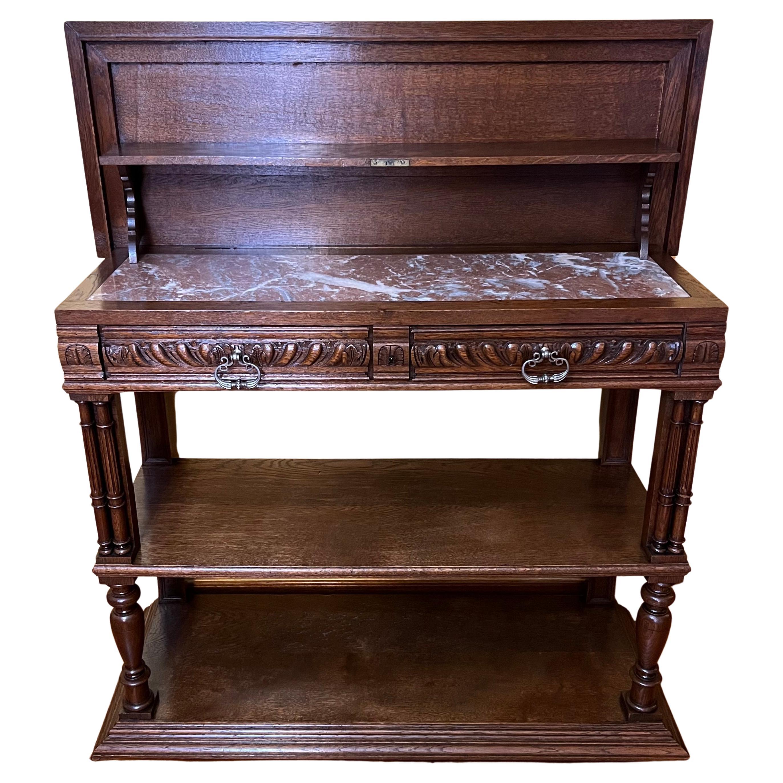 Antique French Oak Marble Lift Up Top Table For Sale