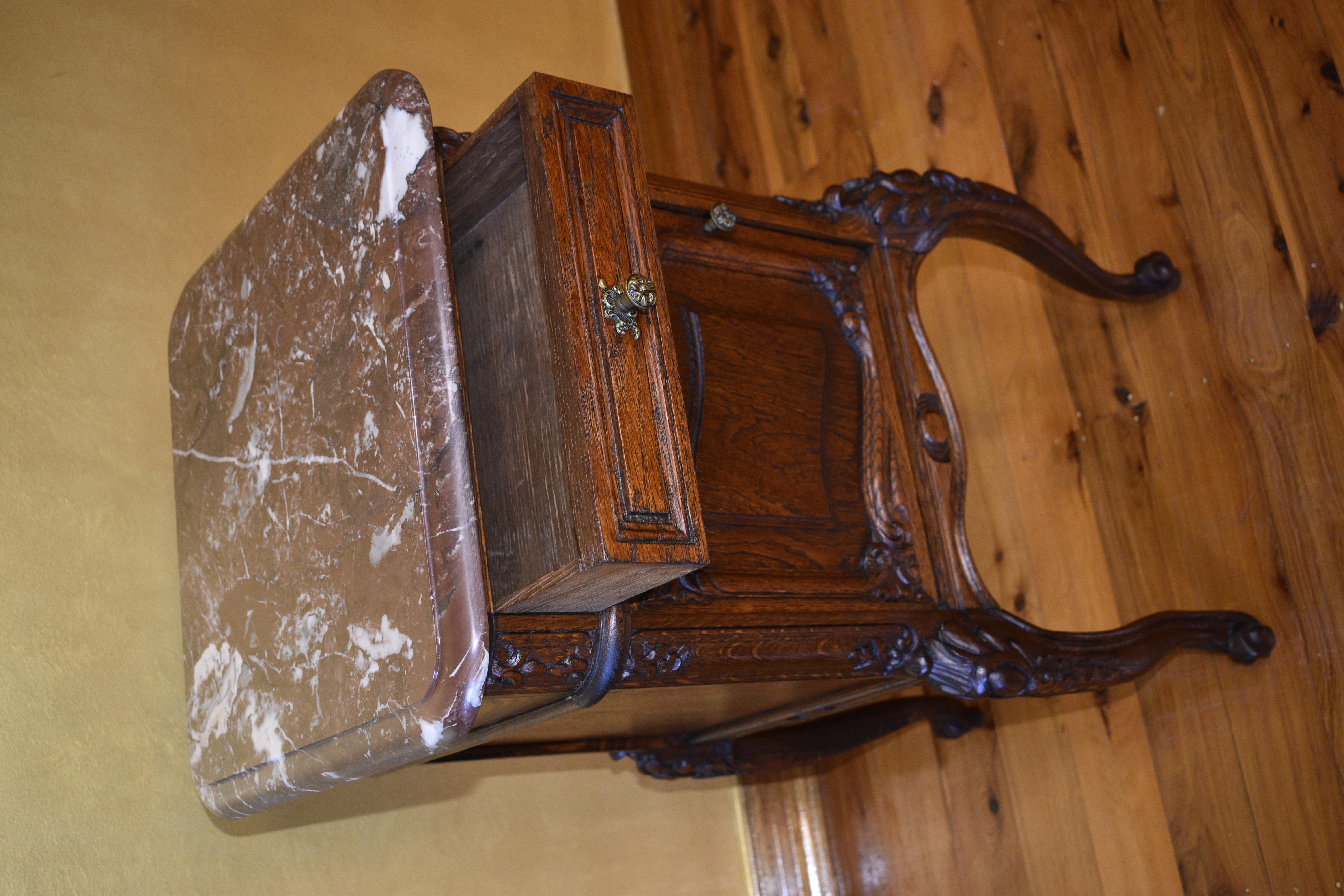 Antique French Oak Marble Top Bed Side Table For Sale 5