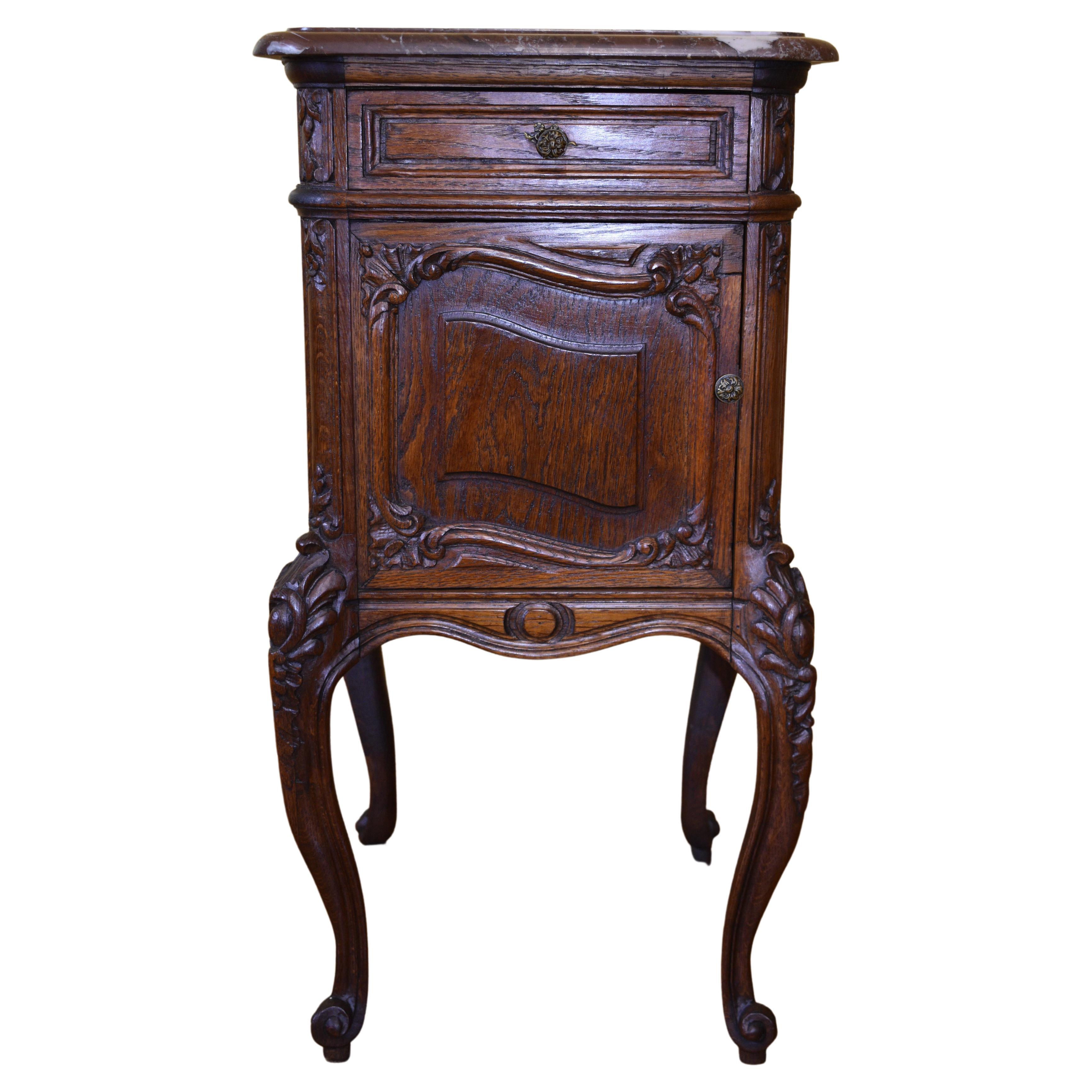 Antique French Oak Marble Top Bed Side Table For Sale