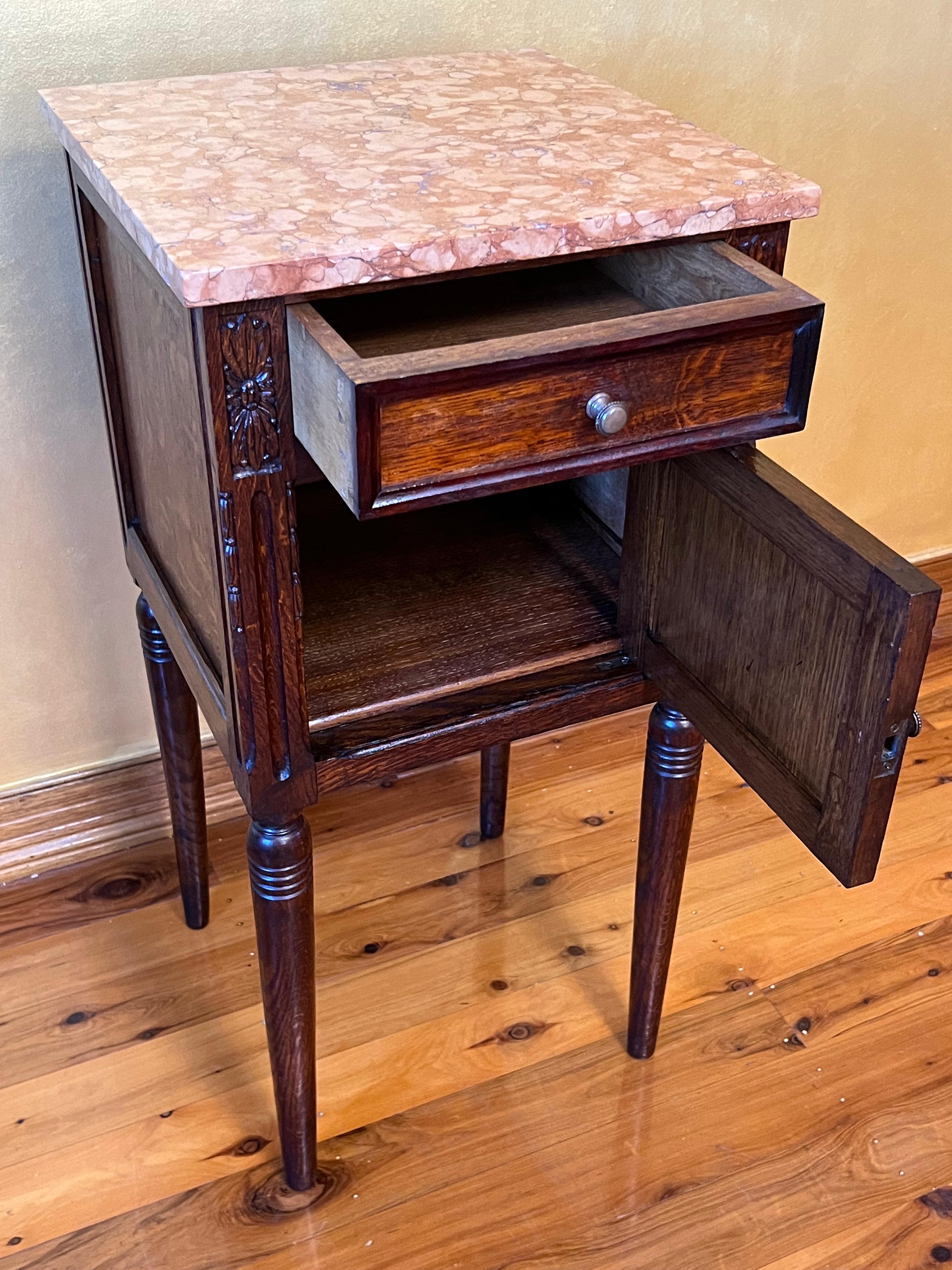 19th Century Antique French Oak Marble Top Bedside Table For Sale