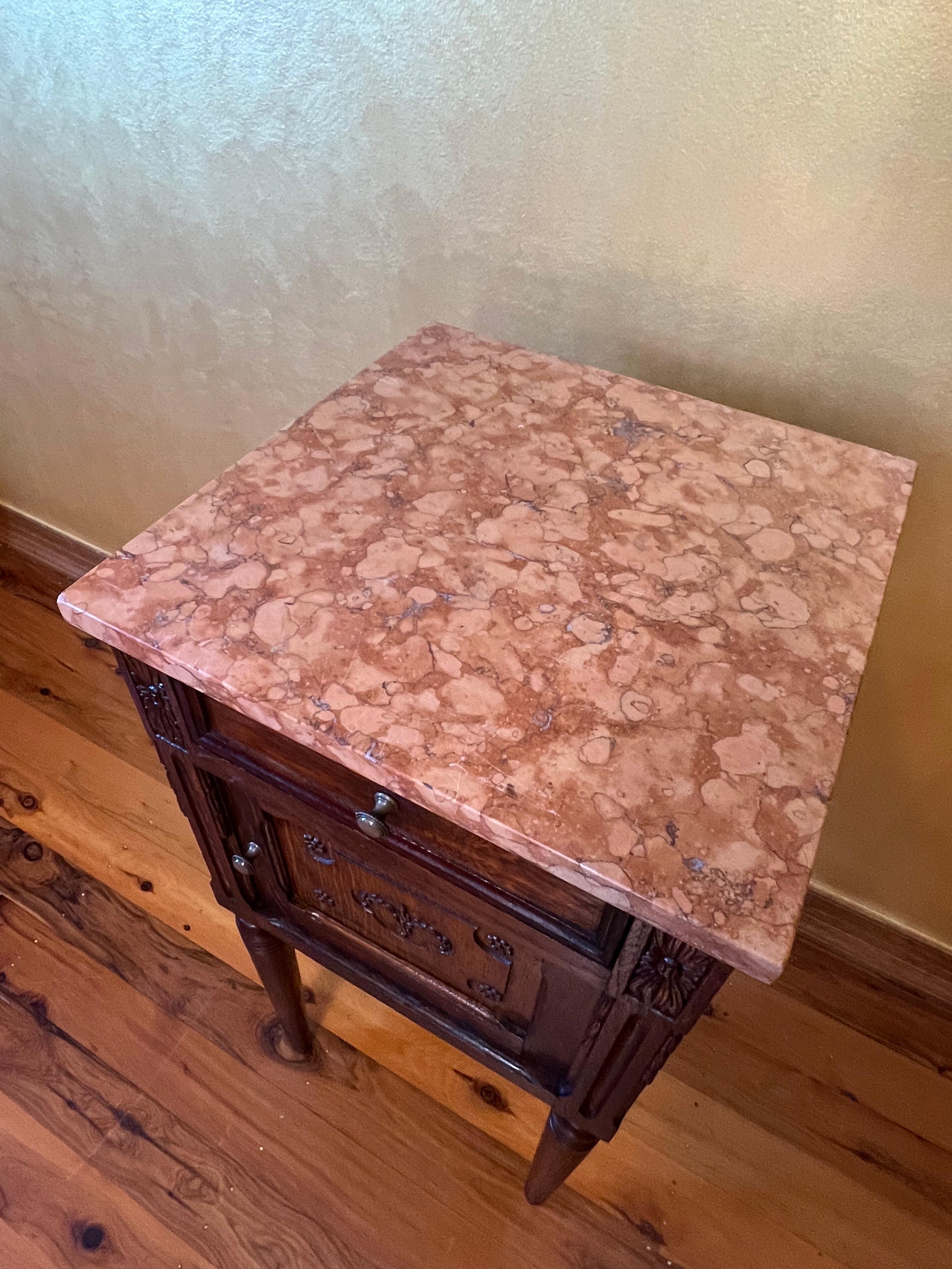 Antique French Oak Marble Top Bedside Table For Sale 3