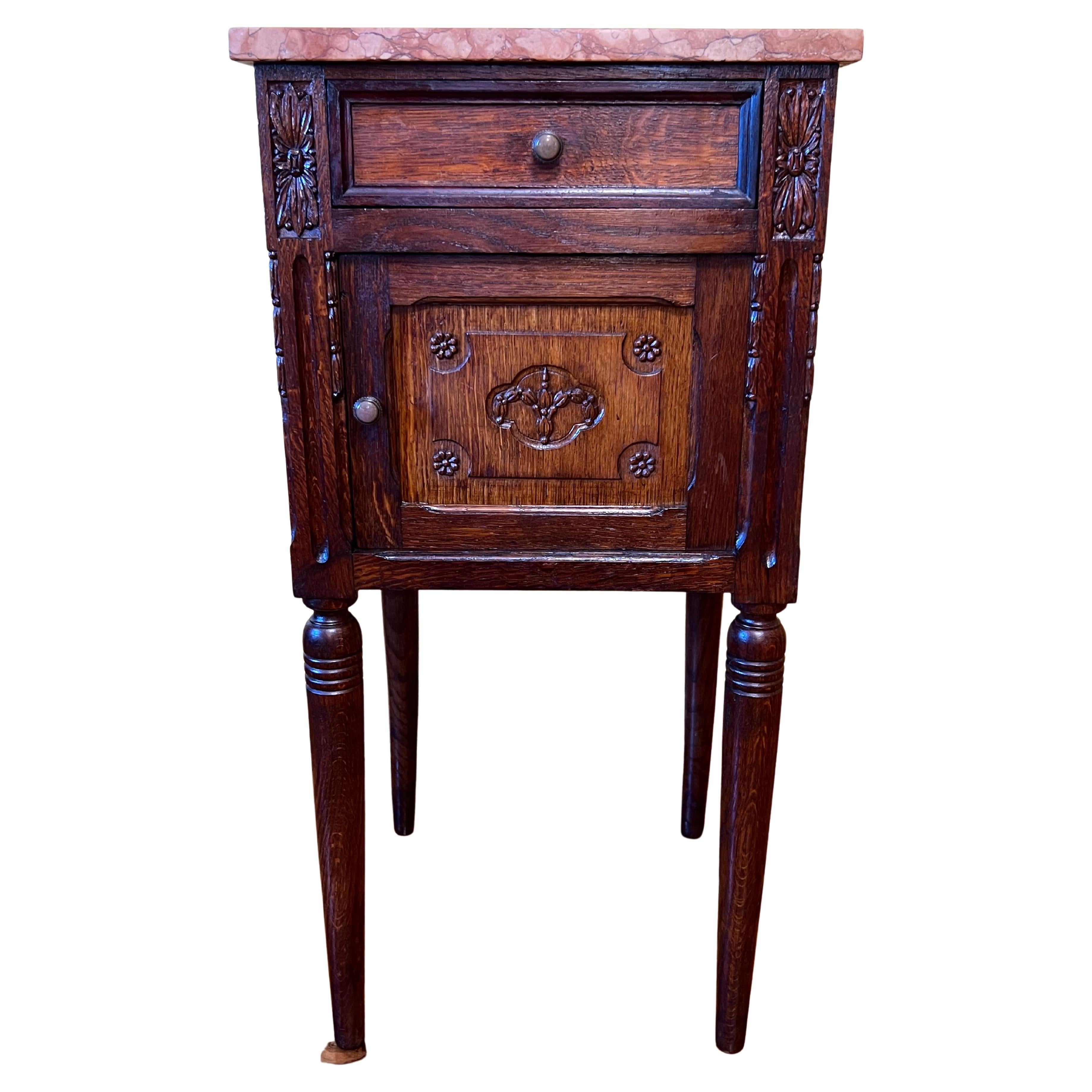 Antique French Oak Marble Top Bedside Table For Sale