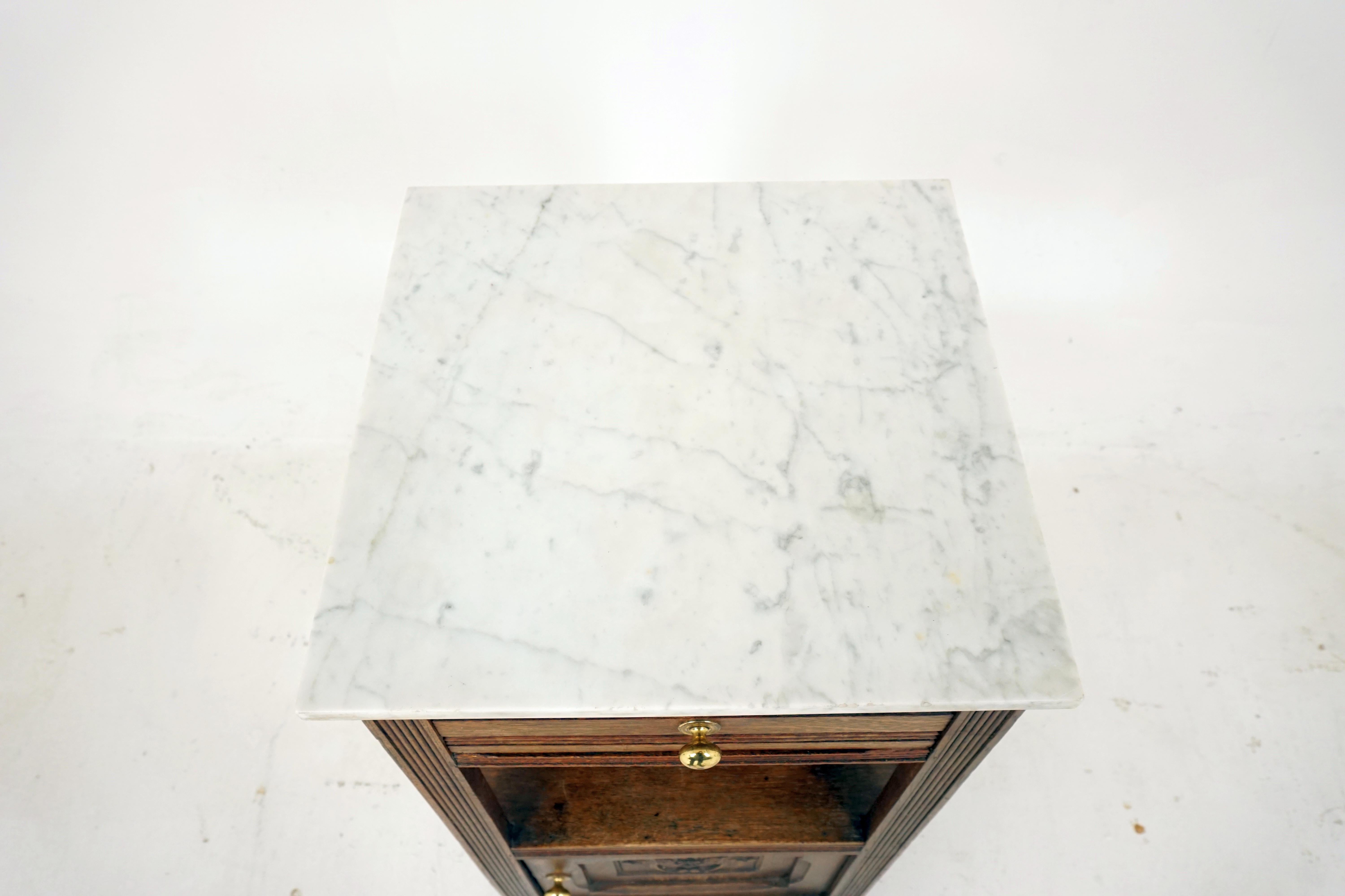 Scottish Antique French Oak Marble Top Nightstand Lamp Table, France 1900, B2737