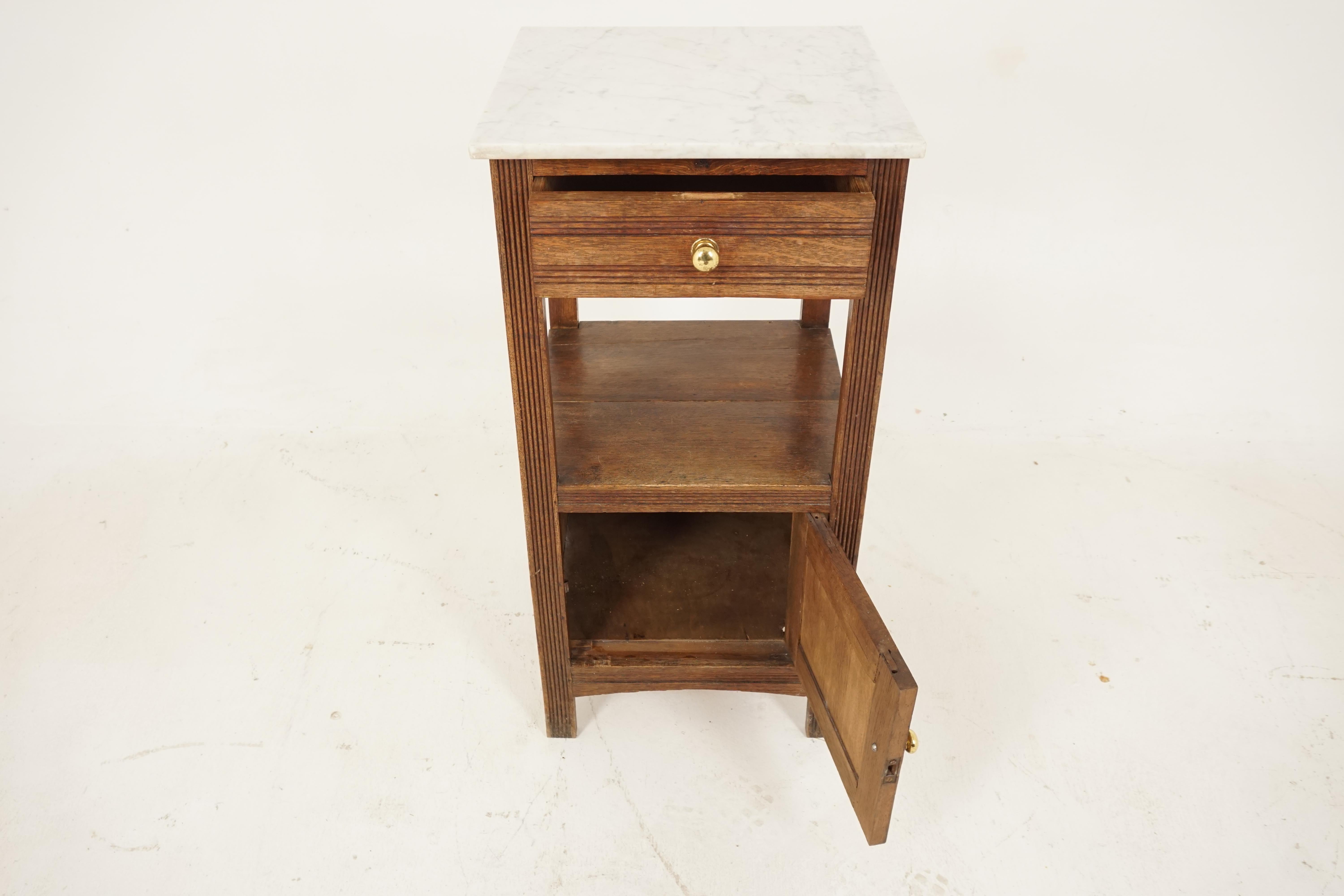 Hand-Crafted Antique French Oak Marble Top Nightstand Lamp Table, France 1900, B2737