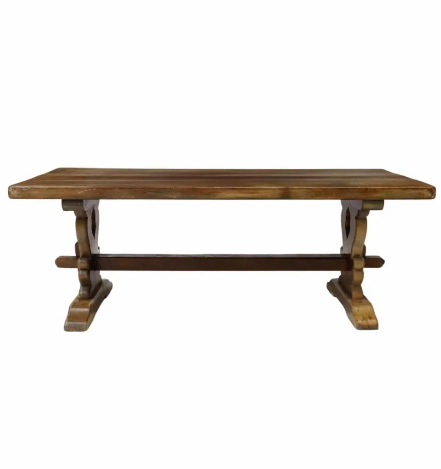 A substantial antique French oak monastery / refectory table. circa 1900

Hand carved in France in the early 20th century, likely near the Alps region of Southern France close to the Italian / Swiss border, having an impressive 2.5 inch thick plank