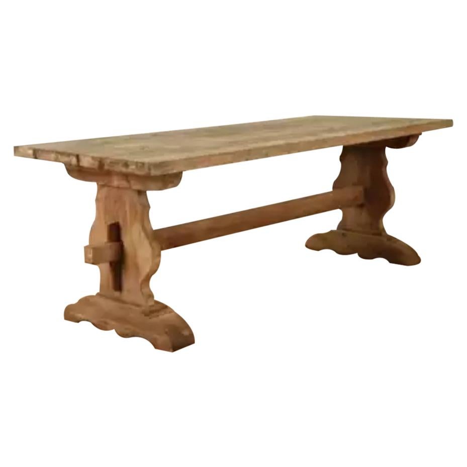 Antique French Oak Mortise and Tenon Farm Table with Central Stretcher