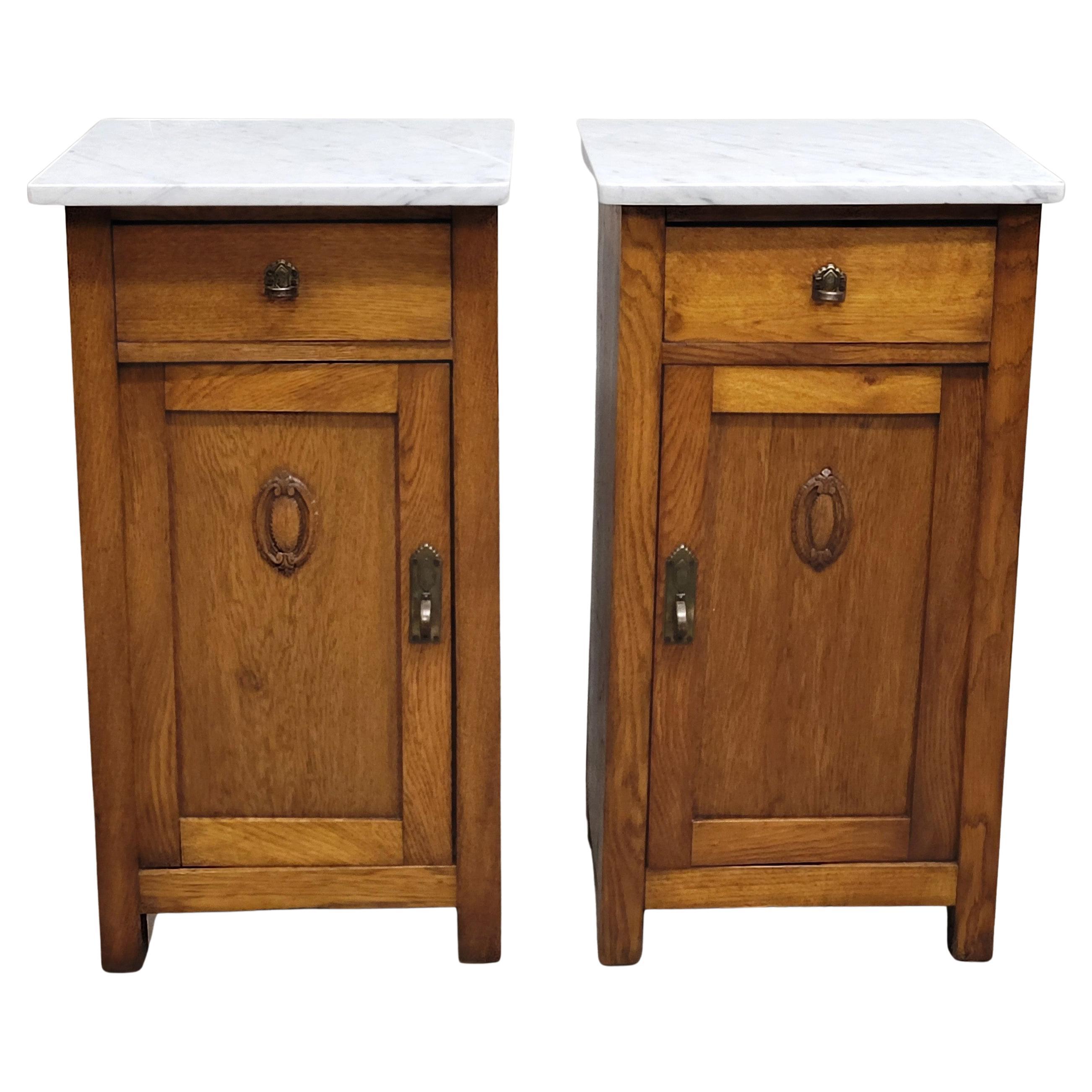 Antique French Oak Nightstands with Carrera Marble Tops - a Pair For Sale