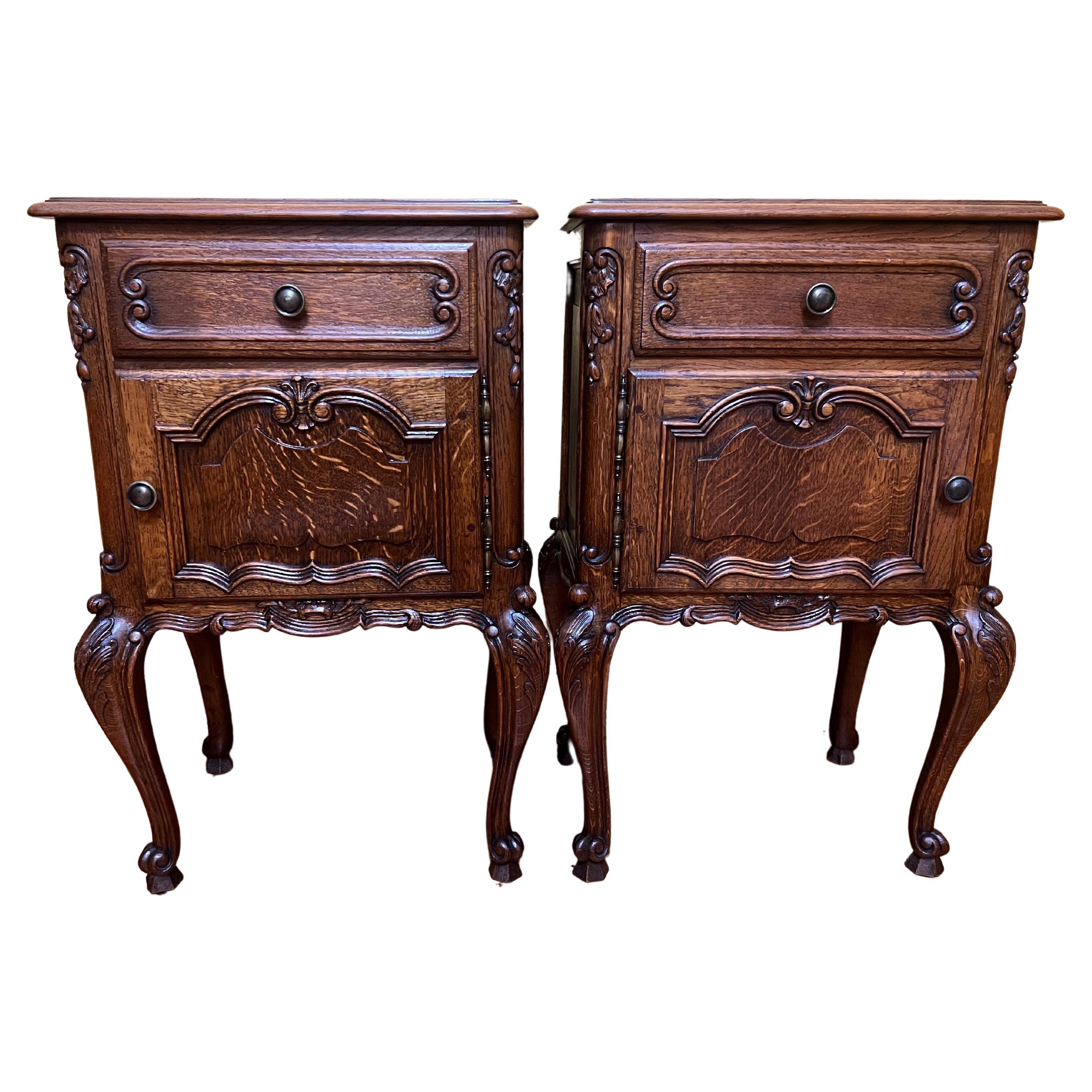 Antique French Oak Rare Bed Side Tables Pair