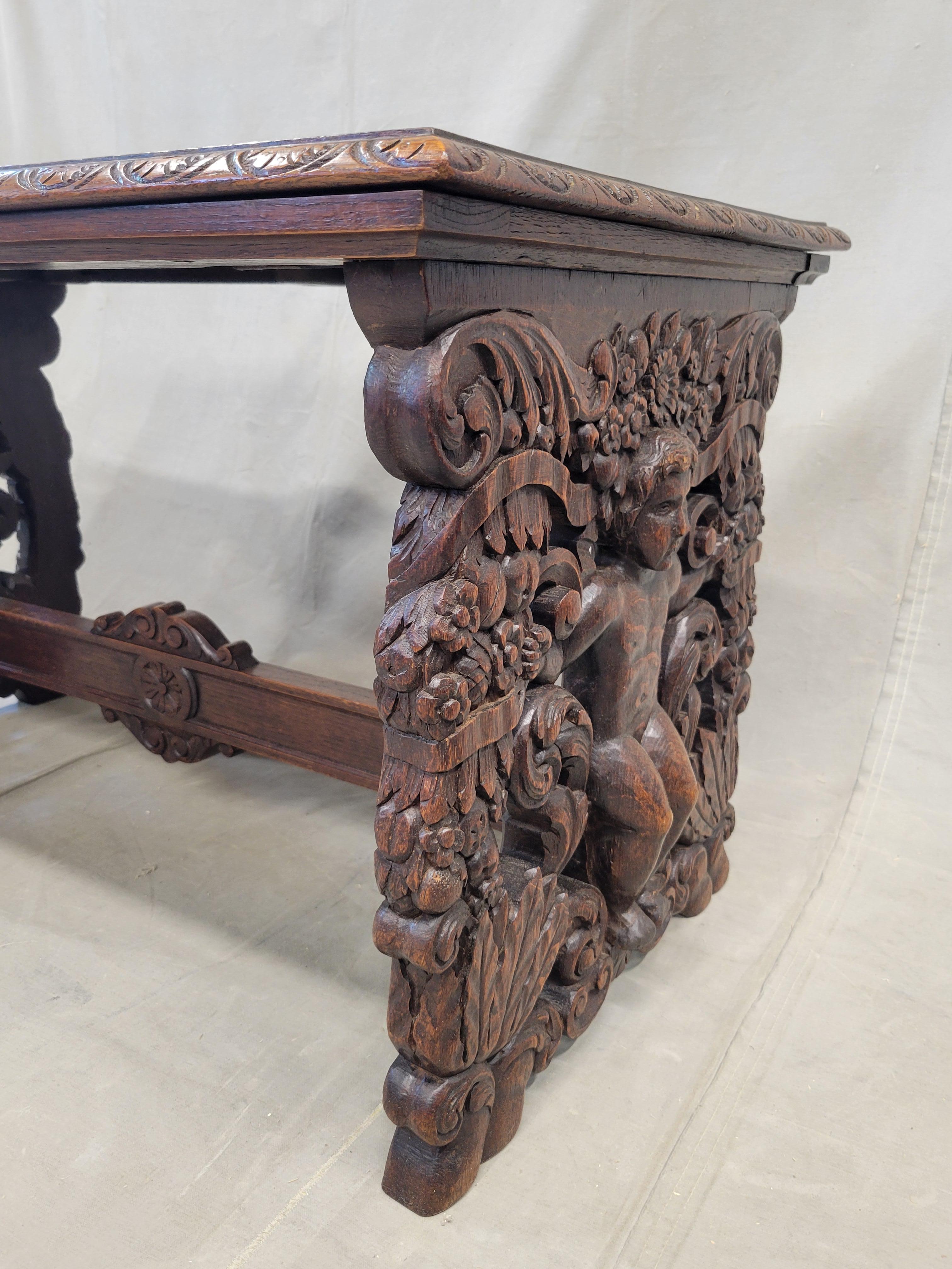 Antique French Oak Renaissance Revival Bench or Coffee Table With Figural Carvin For Sale 6
