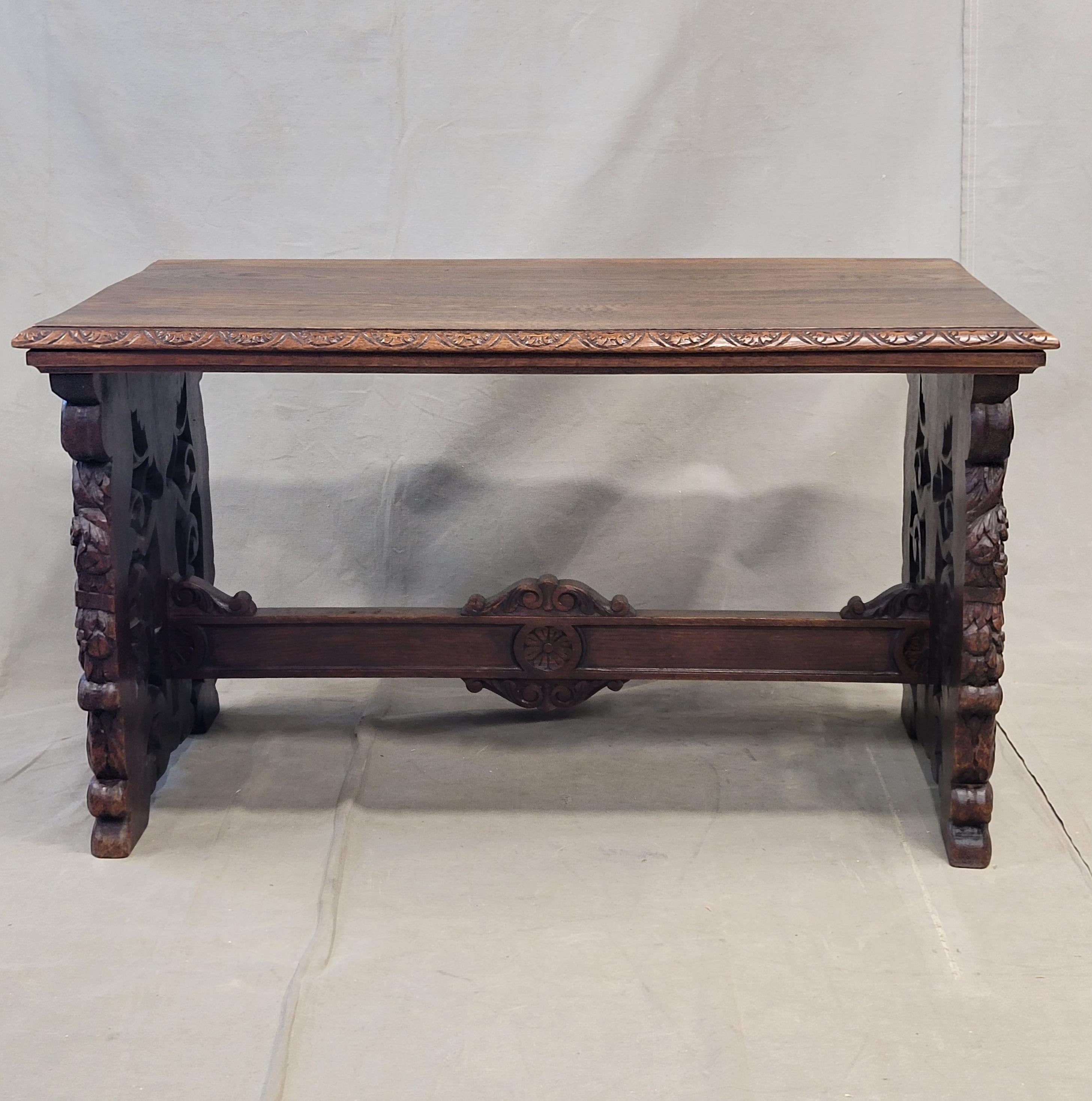Hand-Carved Antique French Oak Renaissance Revival Bench or Coffee Table With Figural Carvin For Sale