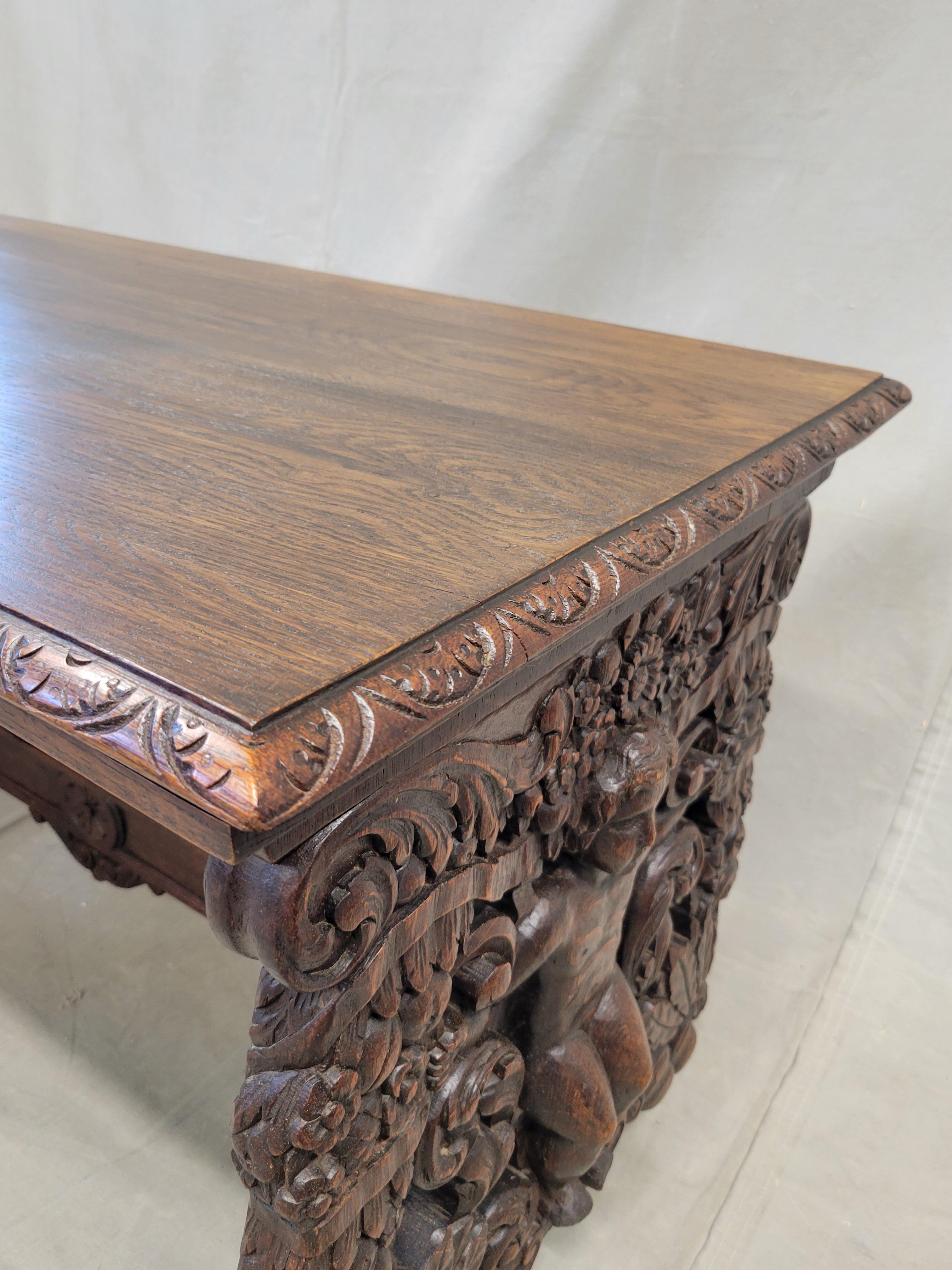 20th Century Antique French Oak Renaissance Revival Bench or Coffee Table With Figural Carvin For Sale