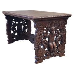Antique French Oak Renaissance Revival Bench or Coffee Table With Figural Carvin
