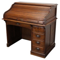 Antique French Oak Roll Top Desk, Late 19th Century