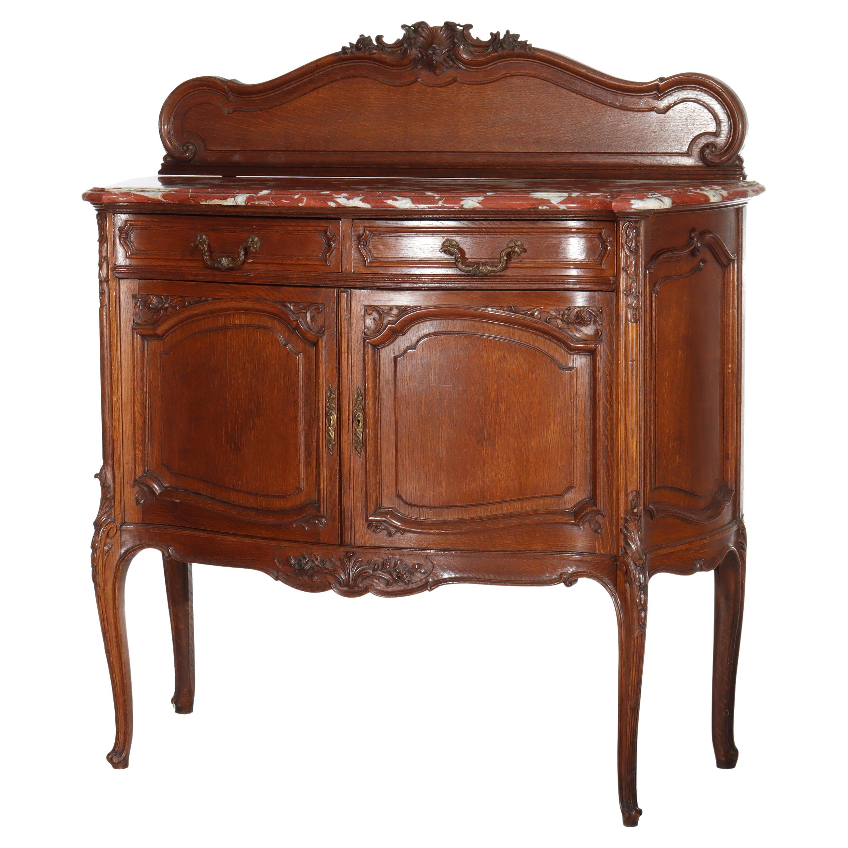 Antique French Oak Rouge Marble Top Server With Backsplash c1910 For Sale