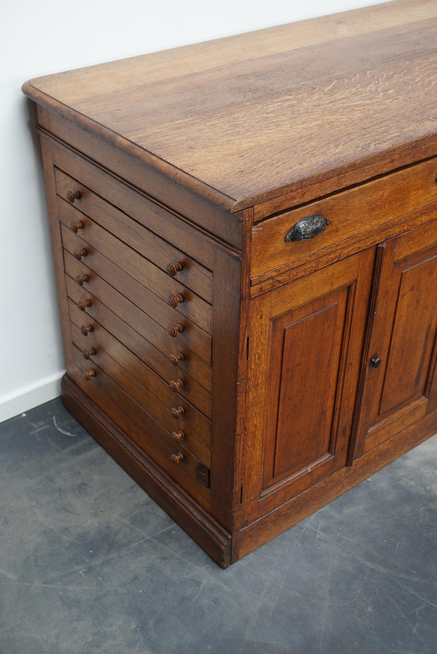 Industrial Antique French Oak Shop Counter Cabinet / Bank of Drawers, circa 1900s
