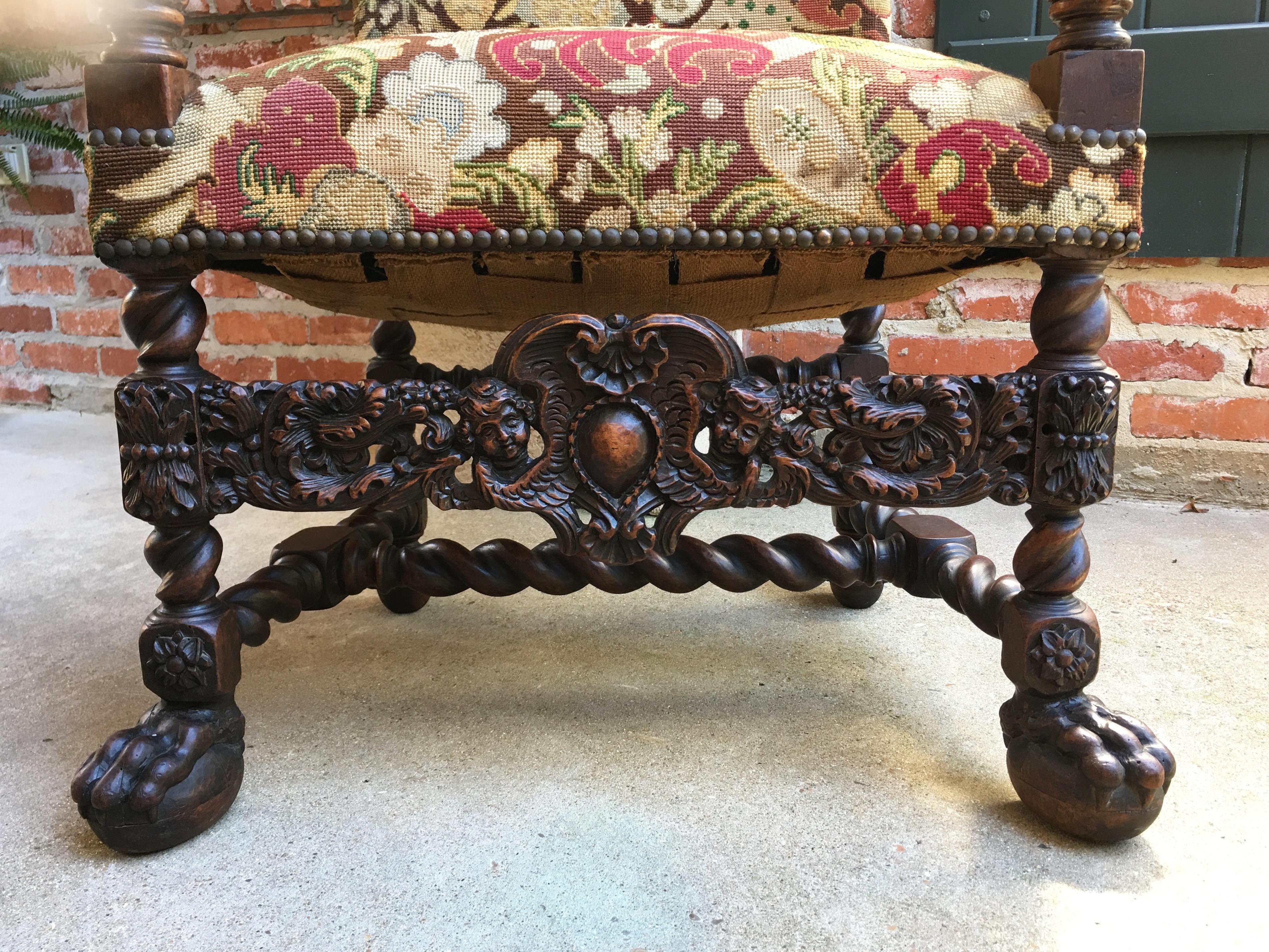 Antique French Oak Throne Armchair Louis XIV Barley Twist Renaissance Tapestry 6