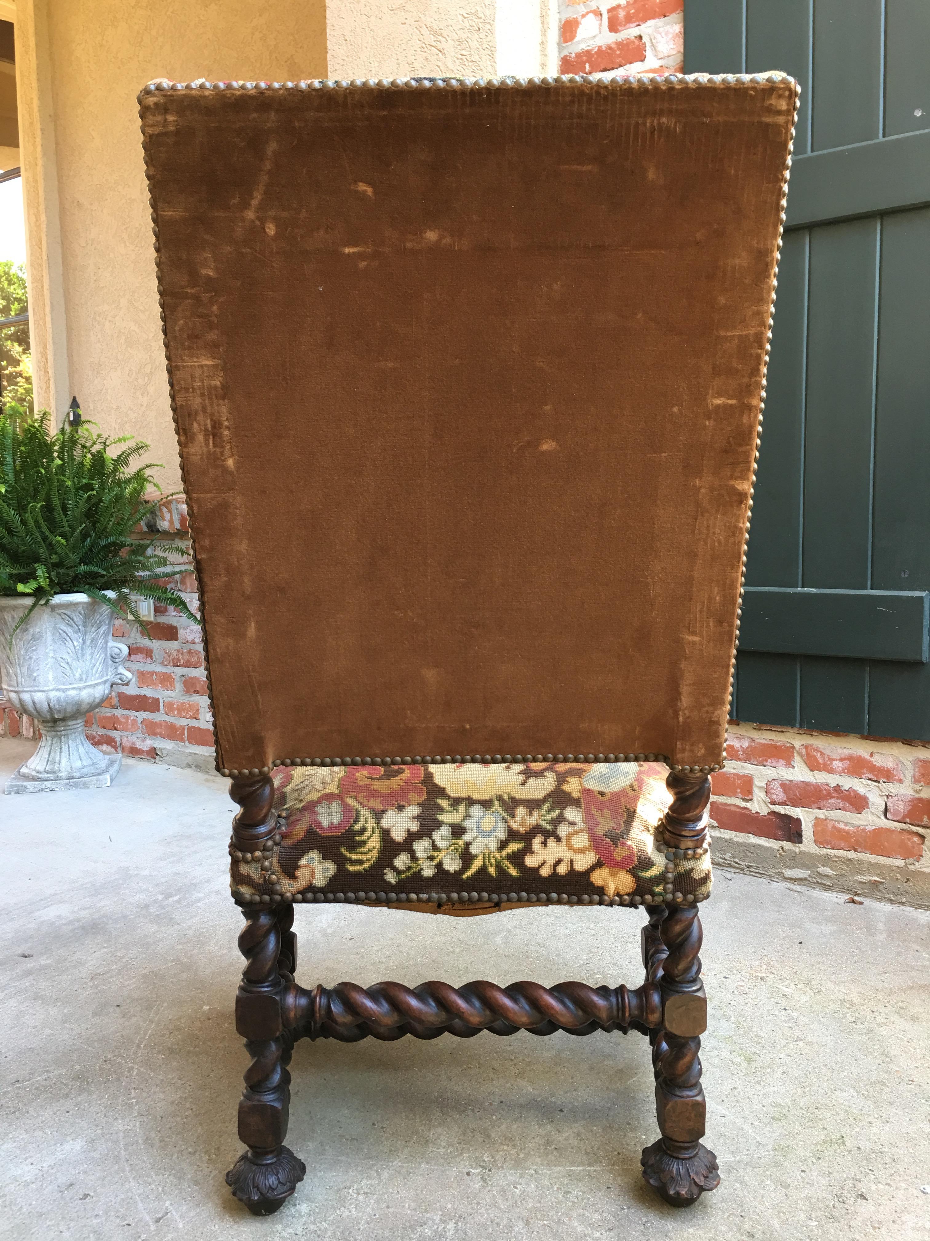 Antique French Oak Throne Armchair Louis XIV Barley Twist Renaissance Tapestry 7