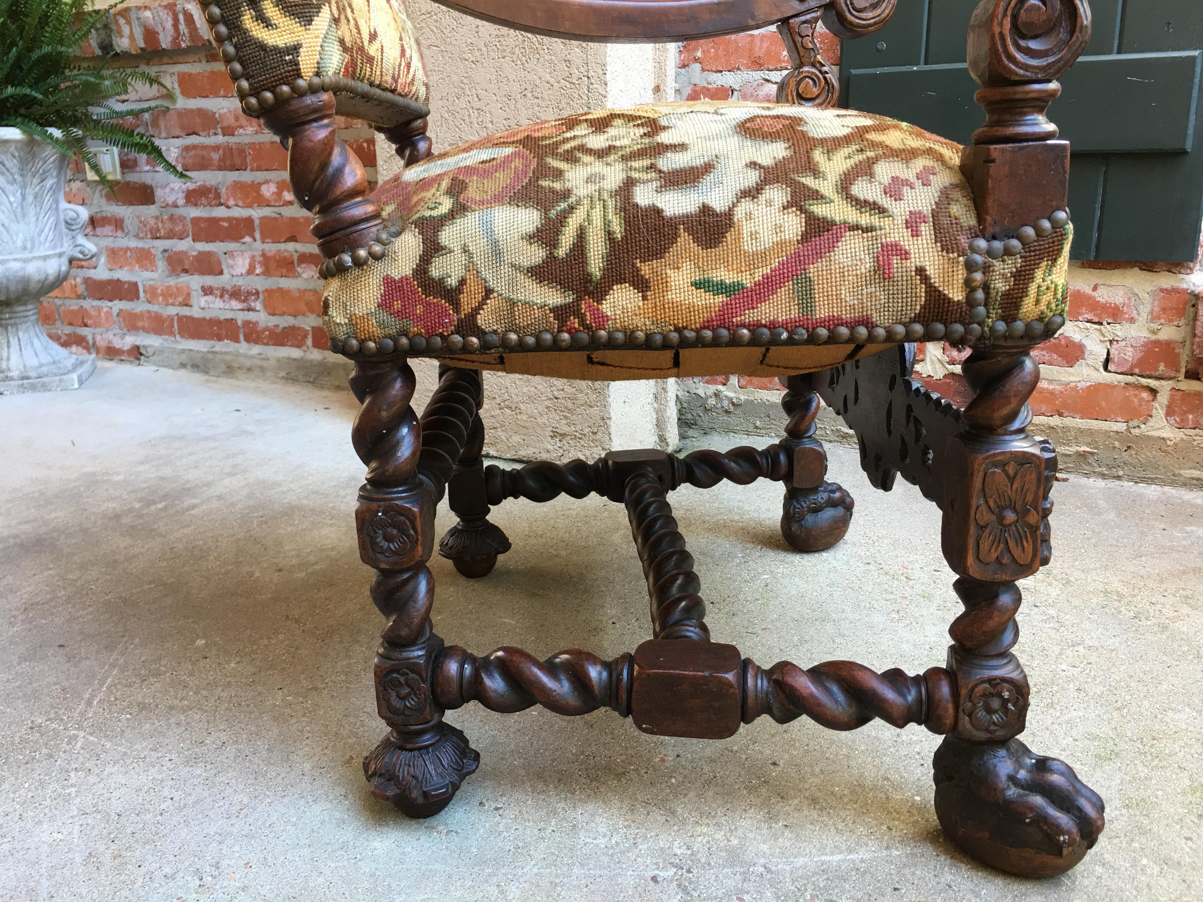 Antique French Oak Throne Armchair Louis XIV Barley Twist Renaissance Tapestry 8