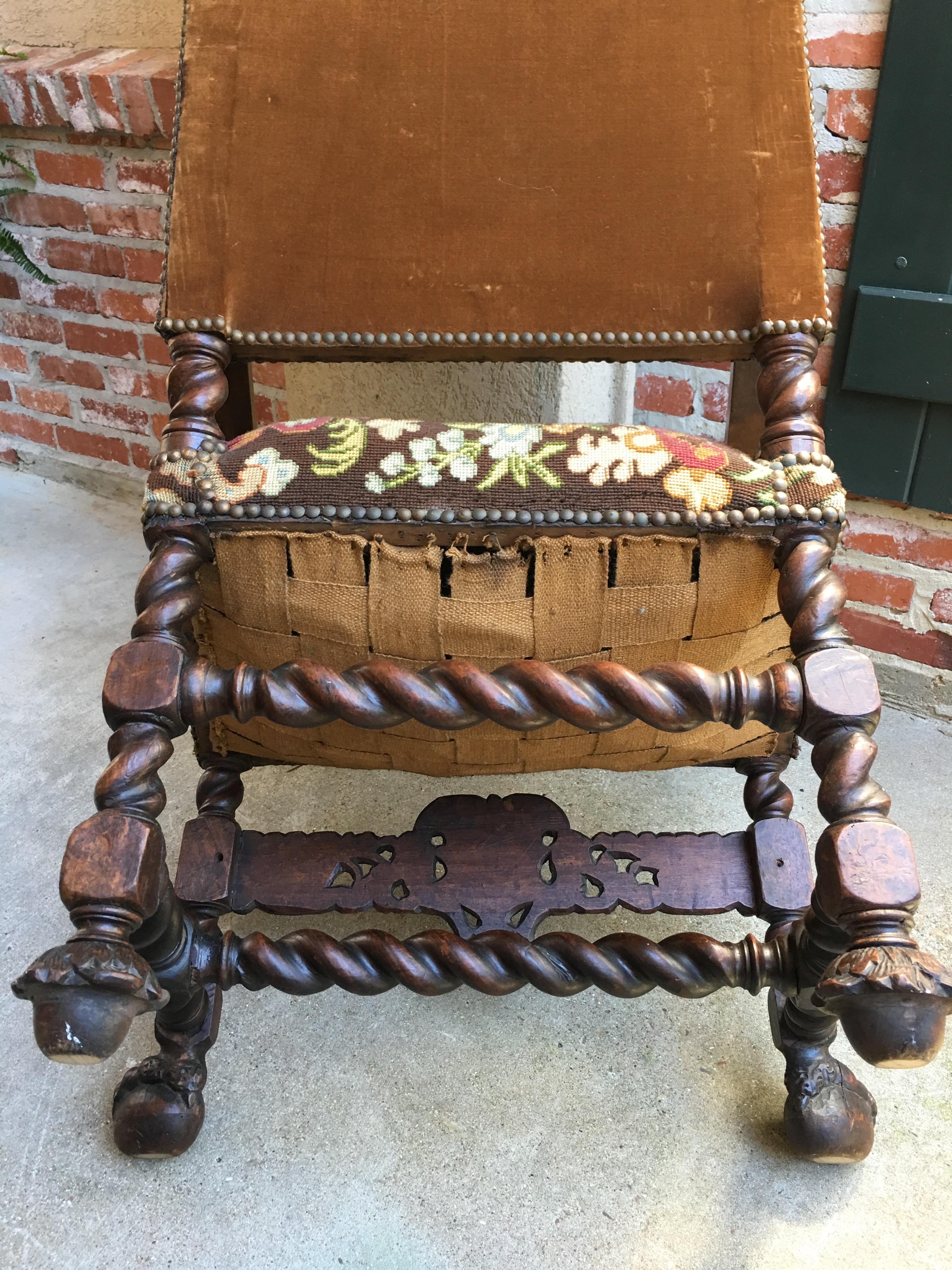 Antique French Oak Throne Armchair Louis XIV Barley Twist Renaissance Tapestry 9