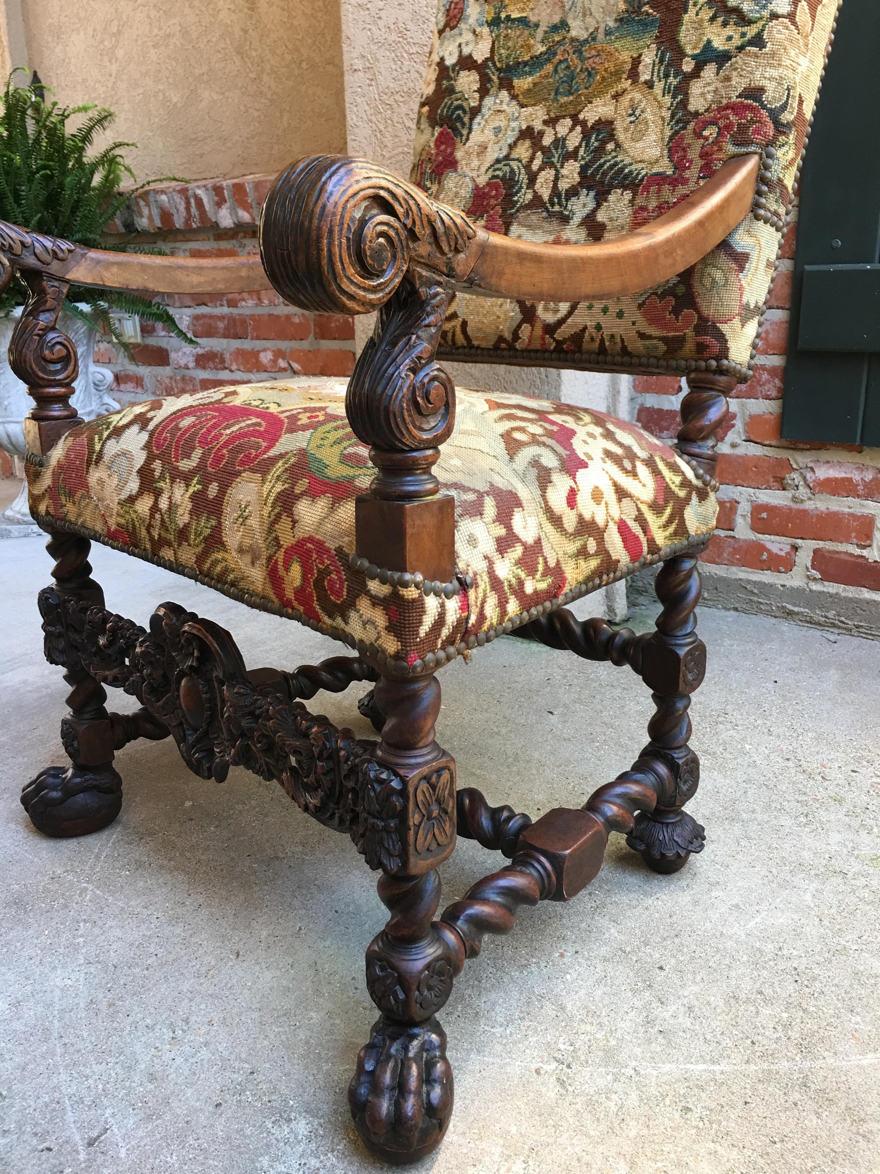 Antique French Oak Throne Armchair Louis XIV Barley Twist Renaissance Tapestry 10