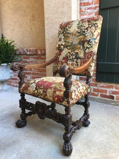 Antique French Oak Throne Armchair Louis XIV Barley Twist Renaissance Tapestry