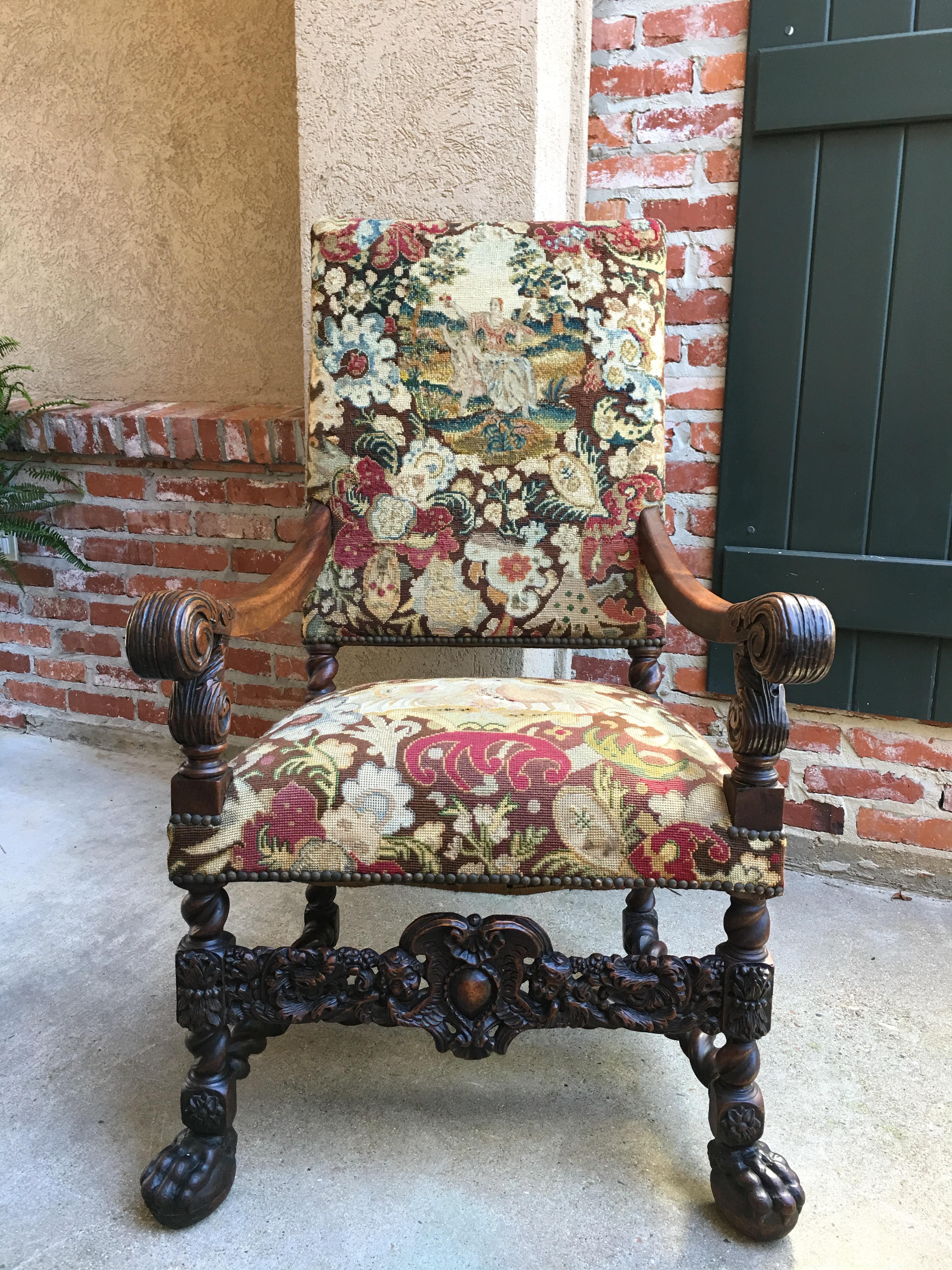 Hand-Carved Antique French Oak Throne Armchair Louis XIV Barley Twist Renaissance Tapestry