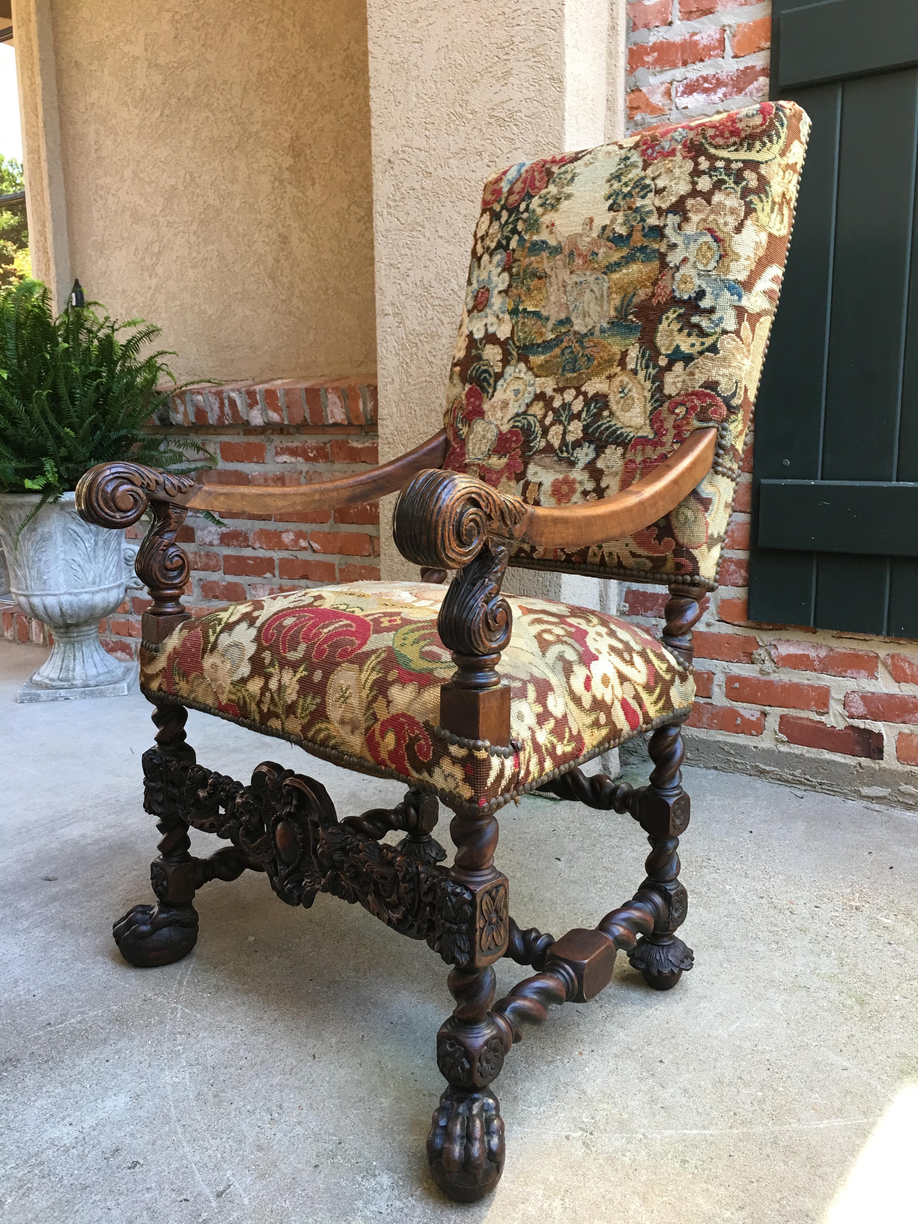 Antique French Oak Throne Armchair Louis XIV Barley Twist Renaissance Tapestry In Good Condition In Shreveport, LA