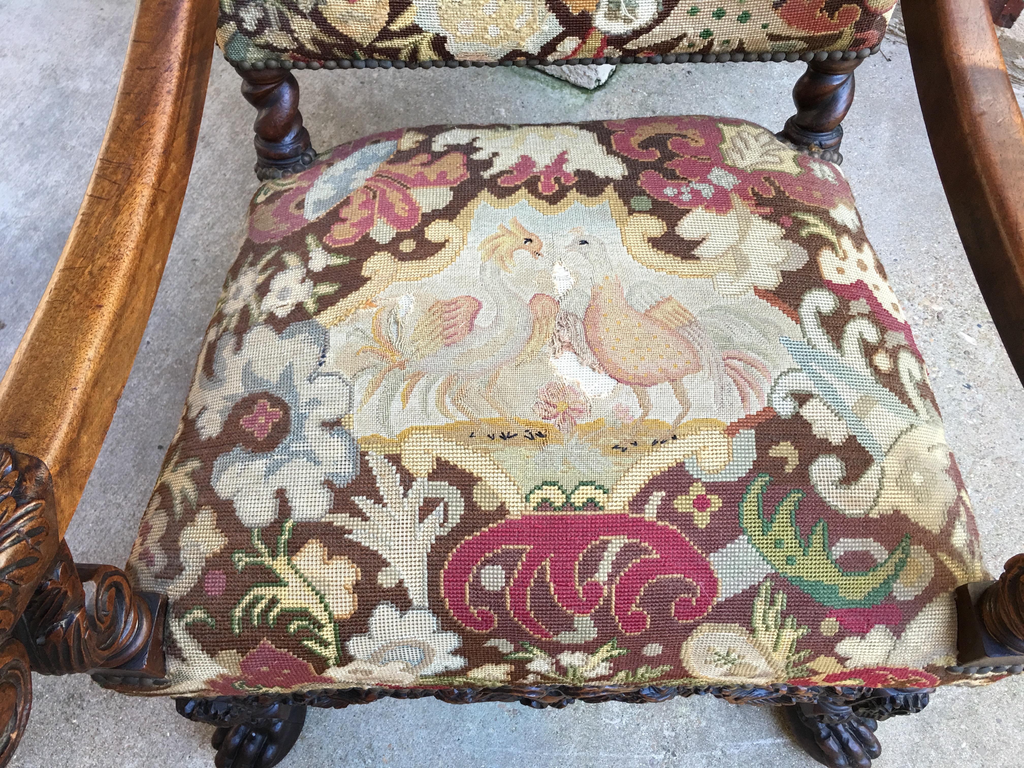 Antique French Oak Throne Armchair Louis XIV Barley Twist Renaissance Tapestry 2
