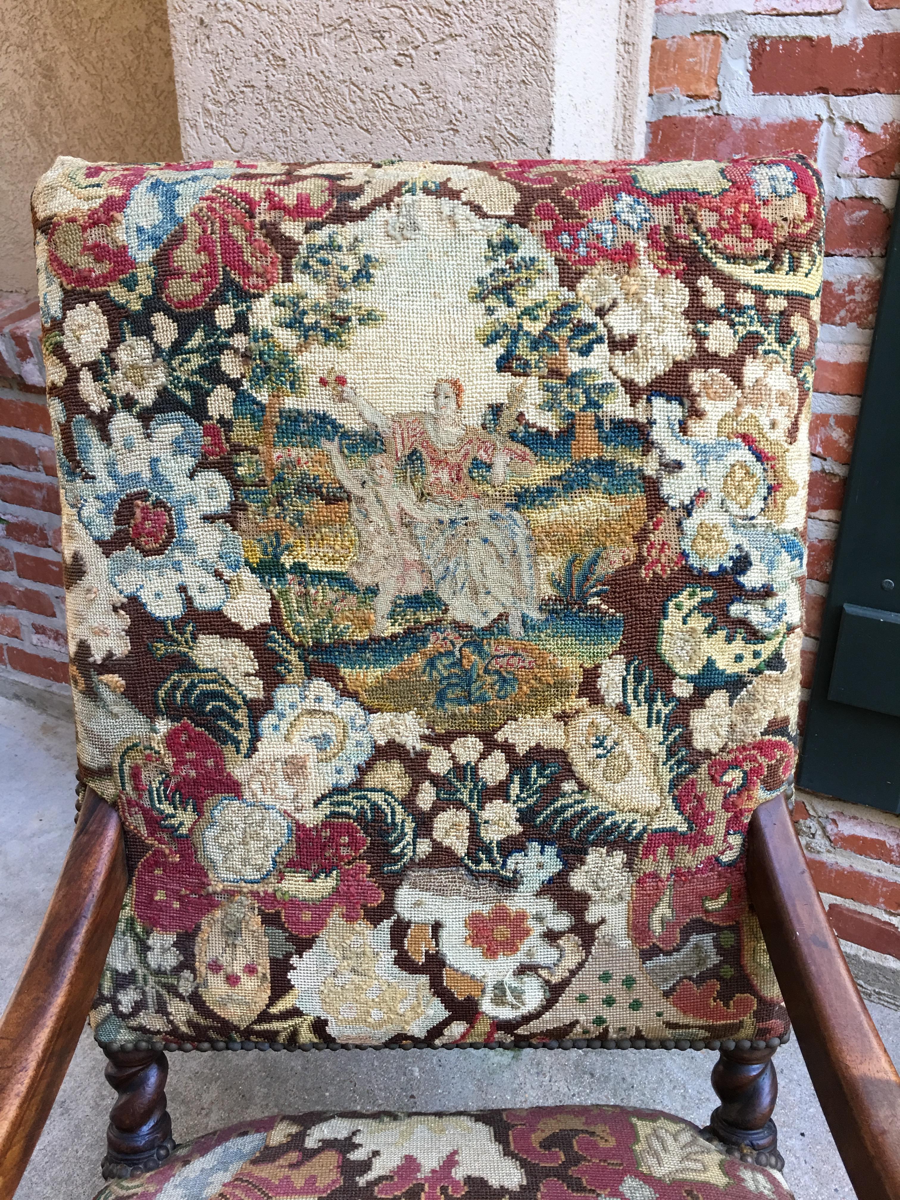 Antique French Oak Throne Armchair Louis XIV Barley Twist Renaissance Tapestry 4