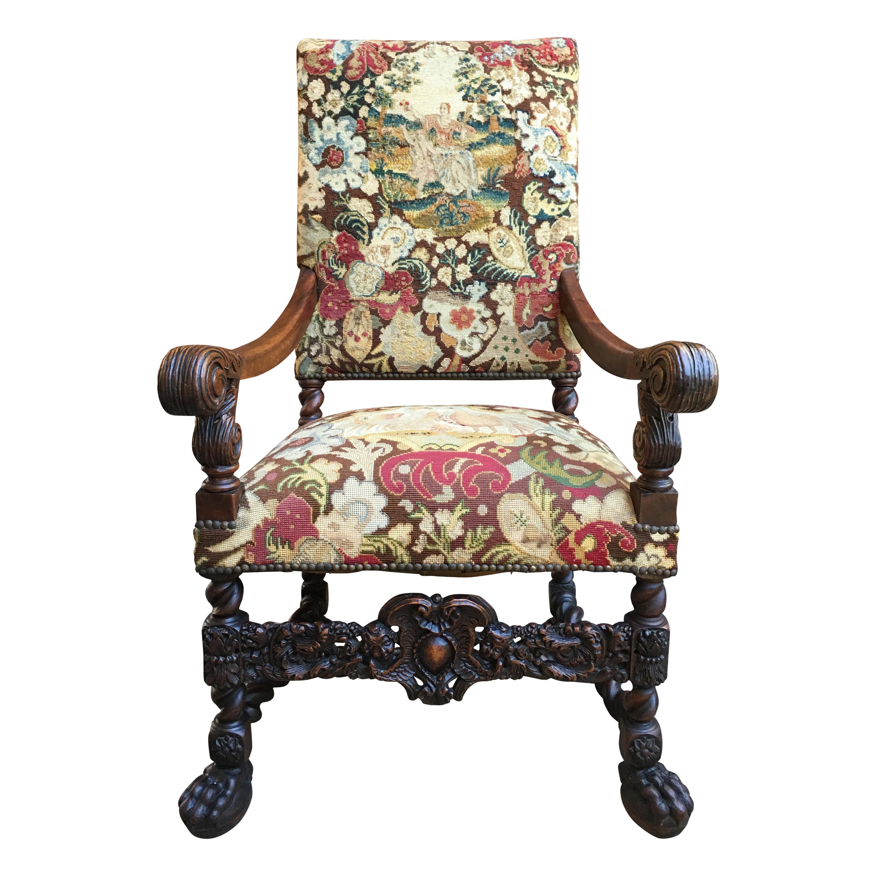 Antique French Oak Throne Armchair Louis XIV Barley Twist Renaissance Tapestry