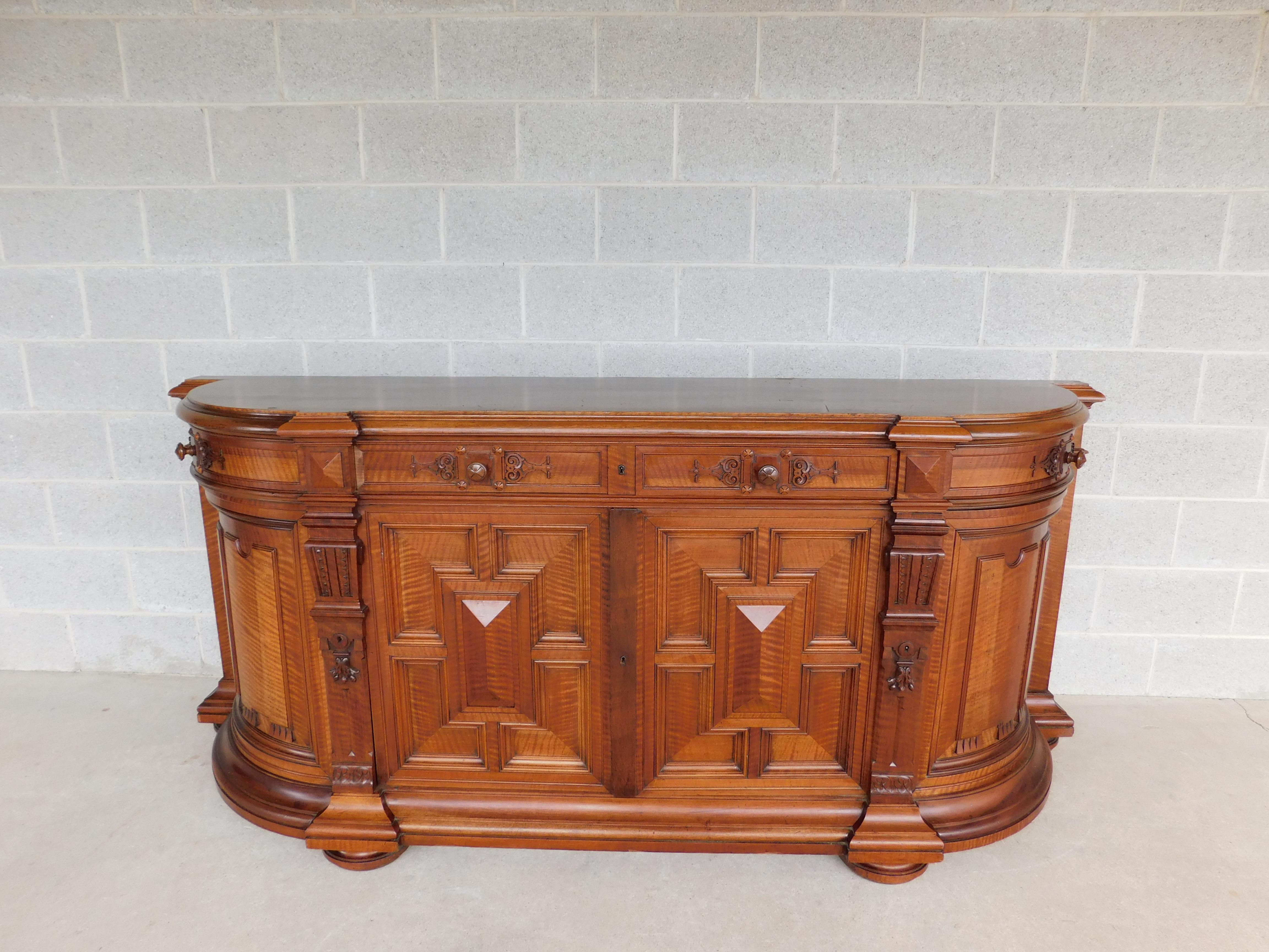 French Renaissance Revival late 19th century, oak with figured-tiger maple, side out quarter pivoting drawers, raised diamond panel geometric applied doors, - approx 125 years old ( no key )
Very good antique condition, original finish, - see all