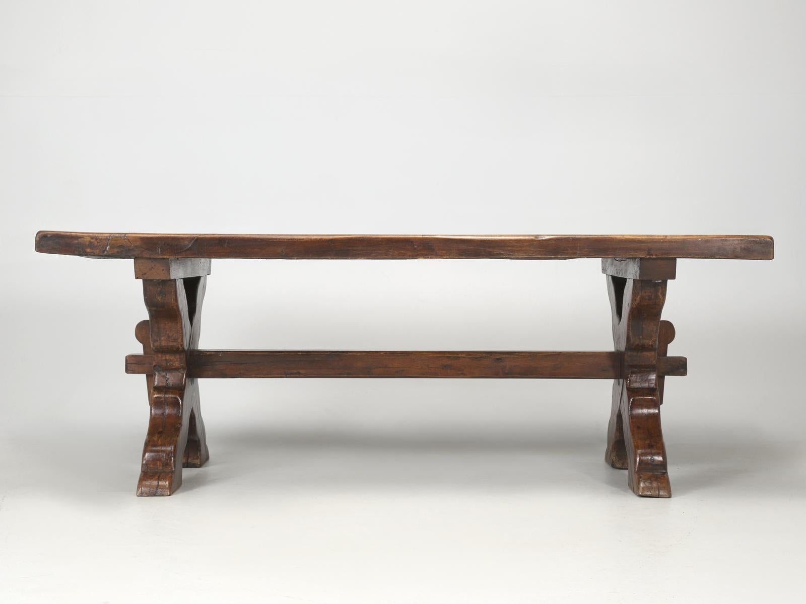 Antique French Oak Trestle Farm or Dining Table Restored, Circa Late 1800's In Good Condition In Chicago, IL