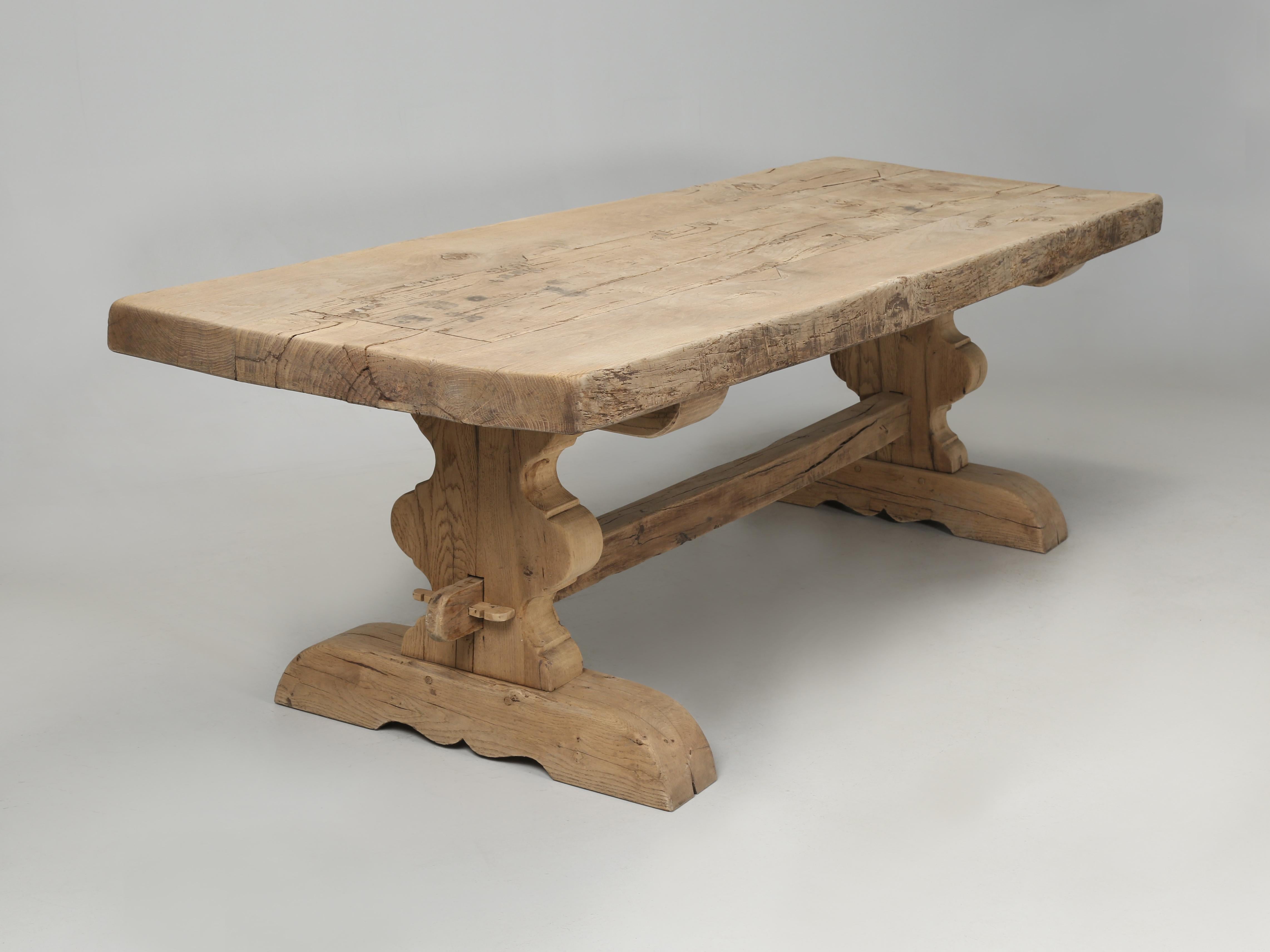Antique French Oak Trestle Farm Table Thick Top Orig, Patina Over 200-Years Old 8