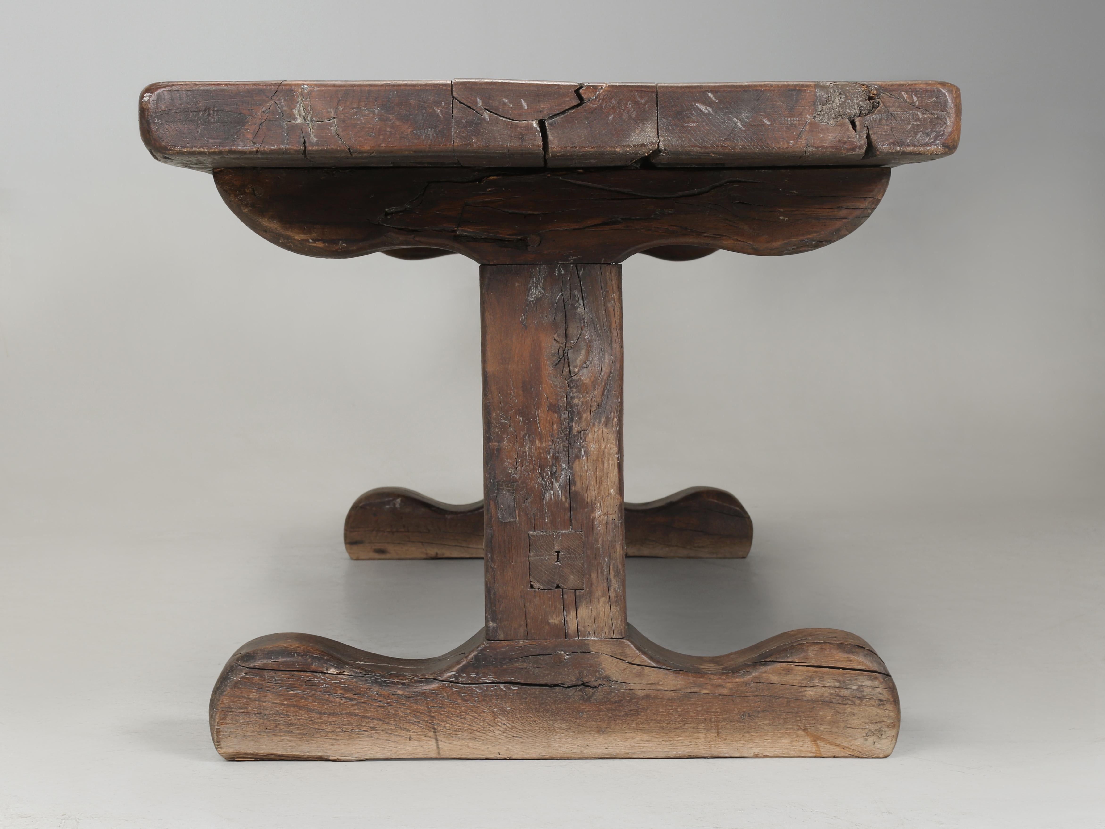 Hand-Carved Antique French Oak Trestle Table Original Patina Purposely Left Rustic c1800 For Sale