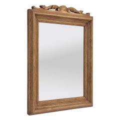 Antique French Oak Wood Mirror With Carved Pediment, circa 1940
