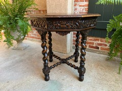 Antique French Octagon Center Side Table Carved Oak Barley Twist Louis XIII