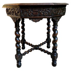 Antique French Octagon Center Side Table Carved Oak Barley Twist Louis XIII