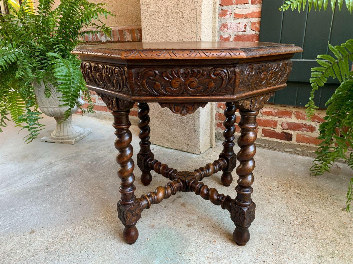 Antique French Octagon Center Side Table Carved Oak Barley Twist Renaissance 8