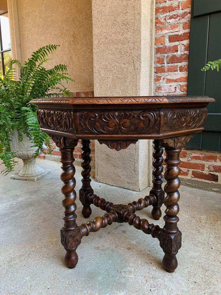 Antique French Octagon Center Side Table Carved Oak Barley Twist Renaissance 11