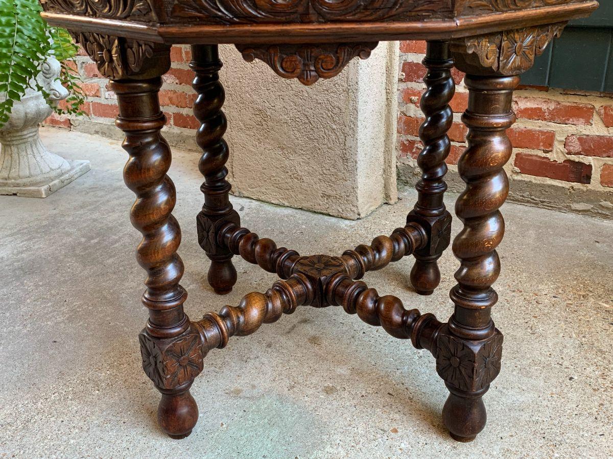 Antique French Octagon Center Side Table Carved Oak Barley Twist Renaissance 13