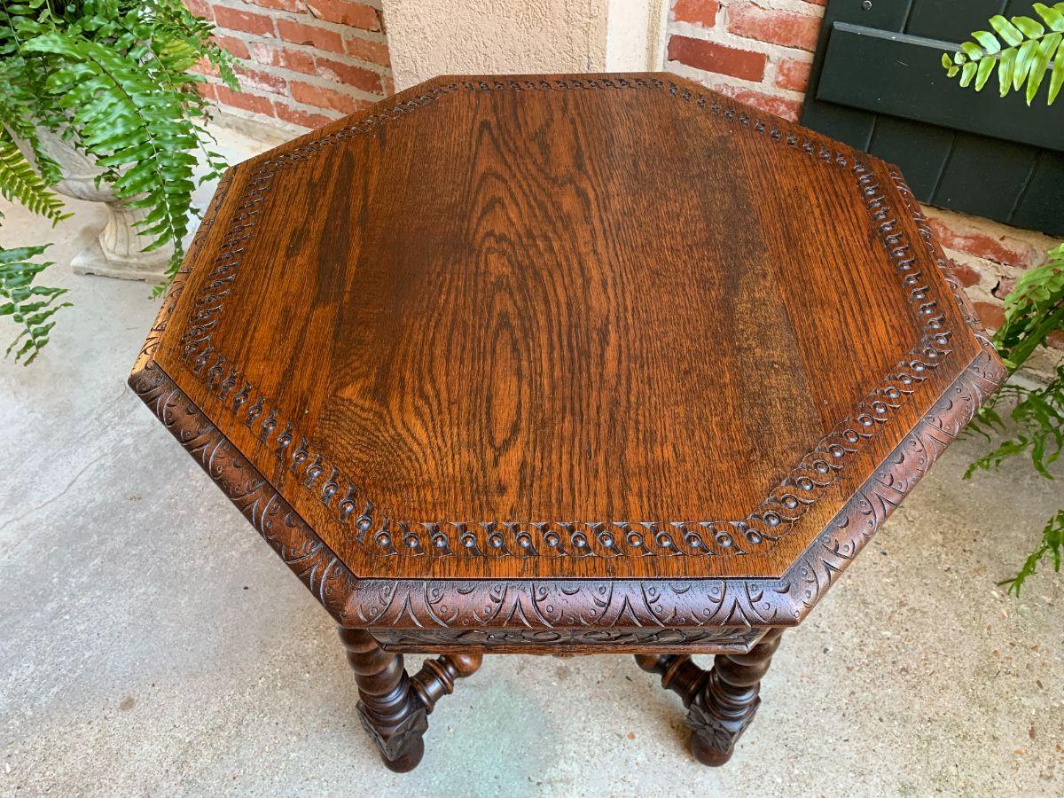 Antique French Octagon Center Side Table Carved Oak Barley Twist Renaissance 14
