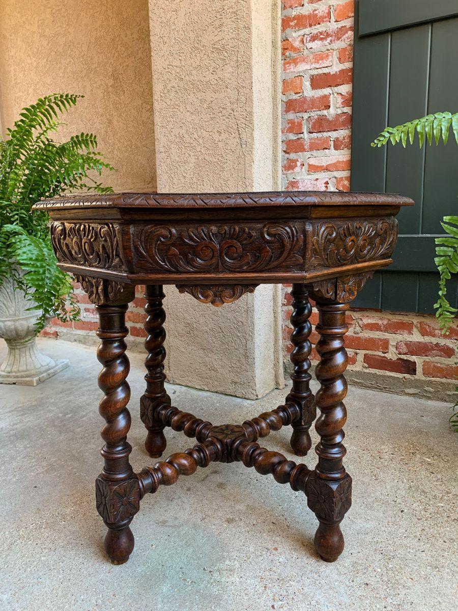 Louis XIII Antique French Octagon Center Side Table Carved Oak Barley Twist Renaissance