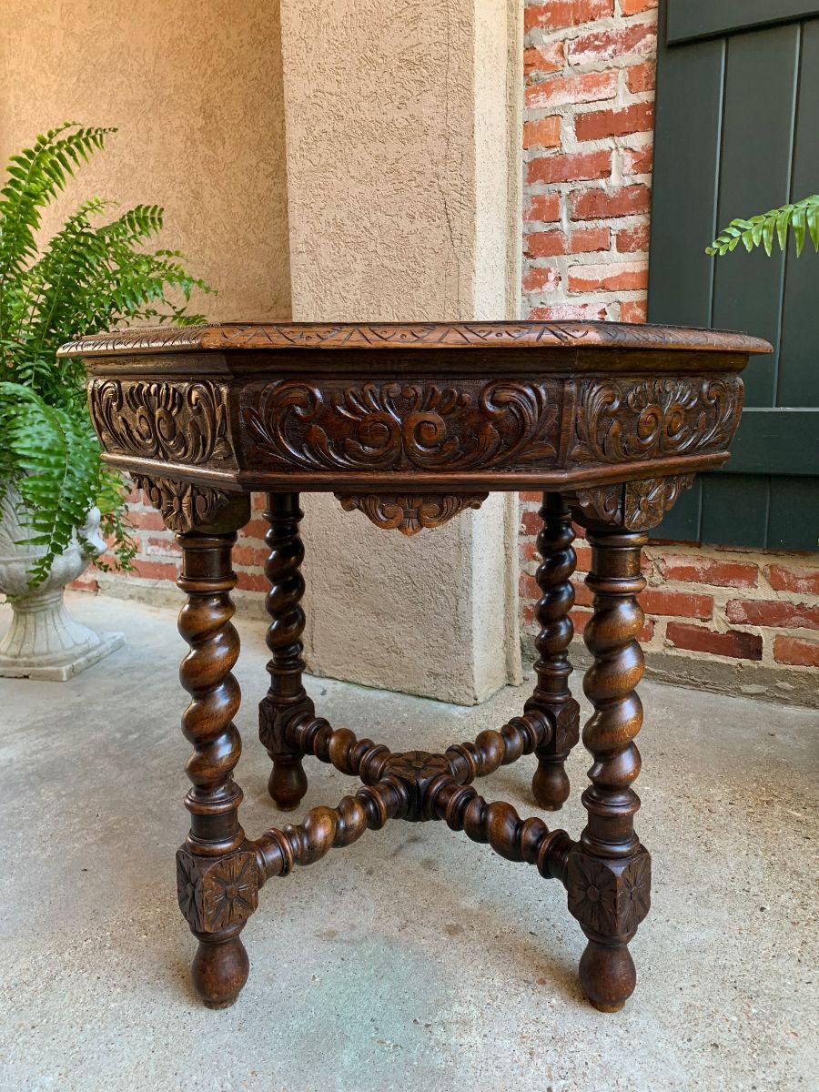 Hand-Carved Antique French Octagon Center Side Table Carved Oak Barley Twist Renaissance