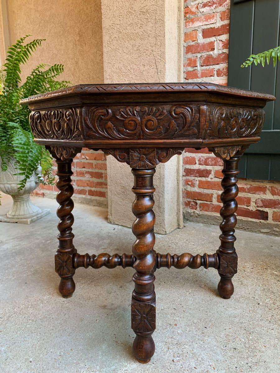 Late 19th Century Antique French Octagon Center Side Table Carved Oak Barley Twist Renaissance