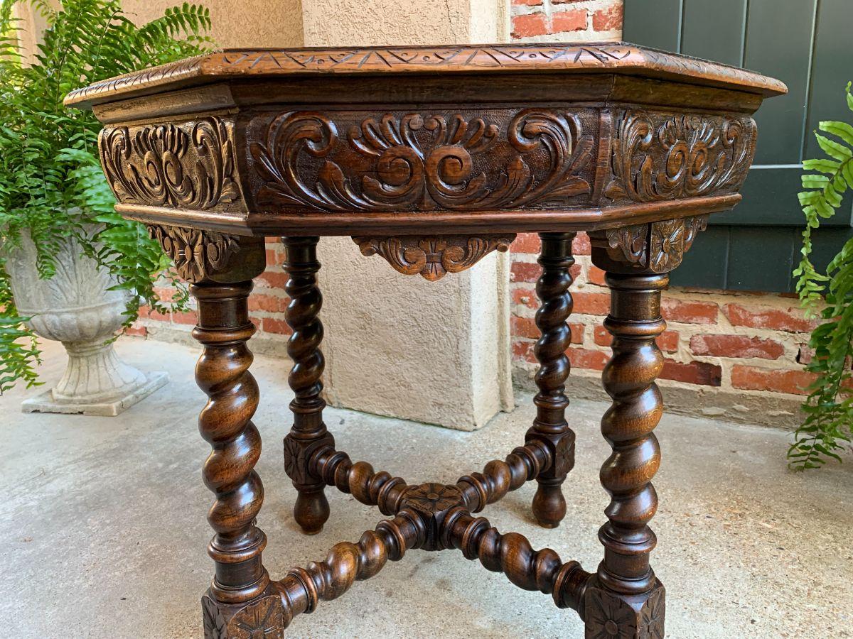 Antique French Octagon Center Side Table Carved Oak Barley Twist Renaissance 1