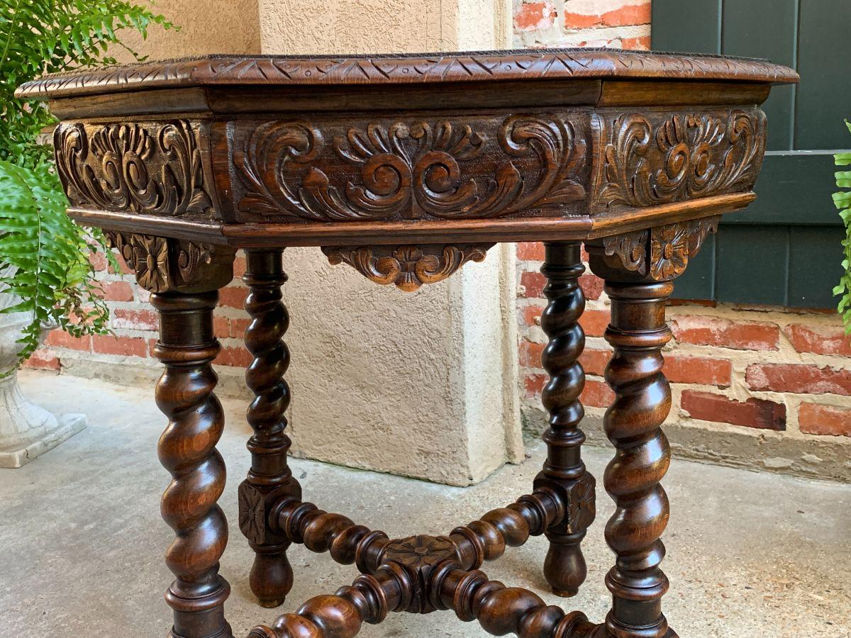 Antique French Octagon Center Side Table Carved Oak Barley Twist Renaissance 2