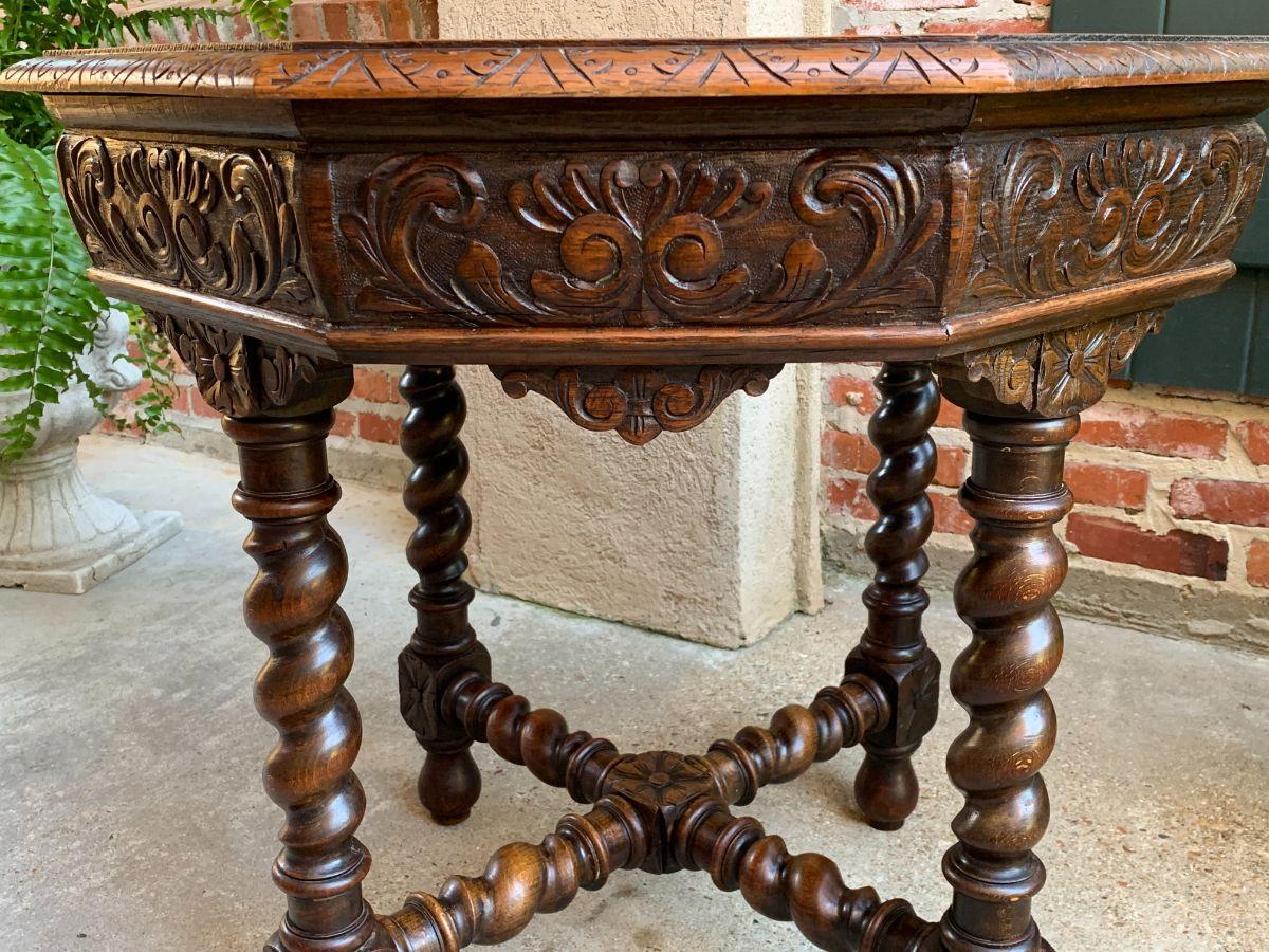 Antique French Octagon Center Side Table Carved Oak Barley Twist Renaissance 3