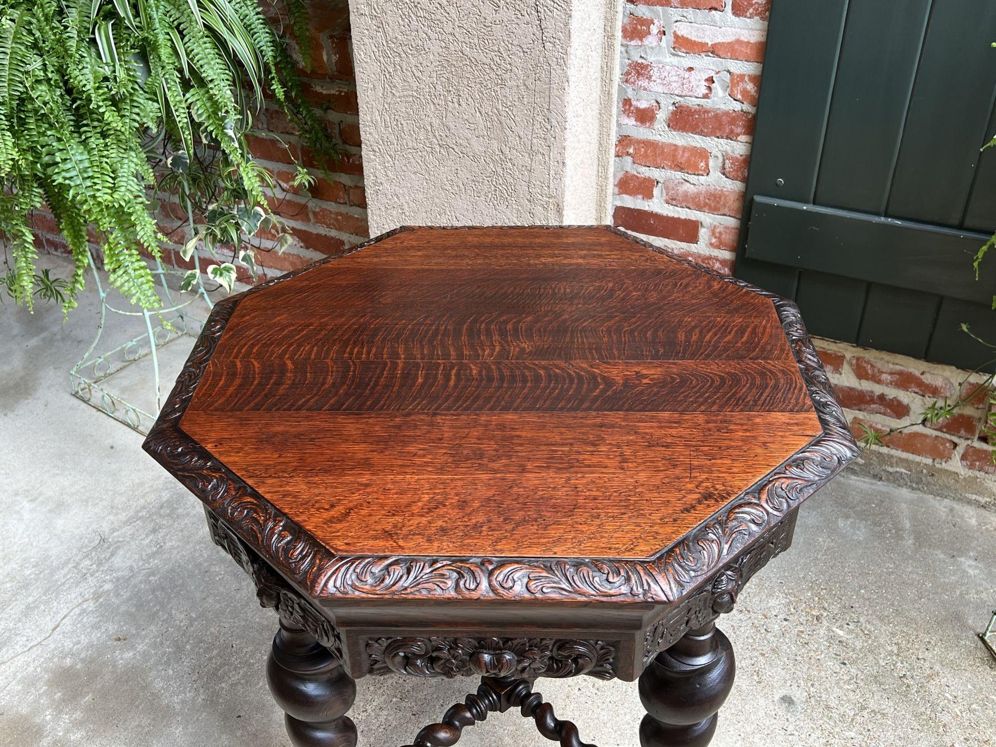 Antique French Octagon Sofa Library Table Carved Oak Barley Twist Louis XIII 6