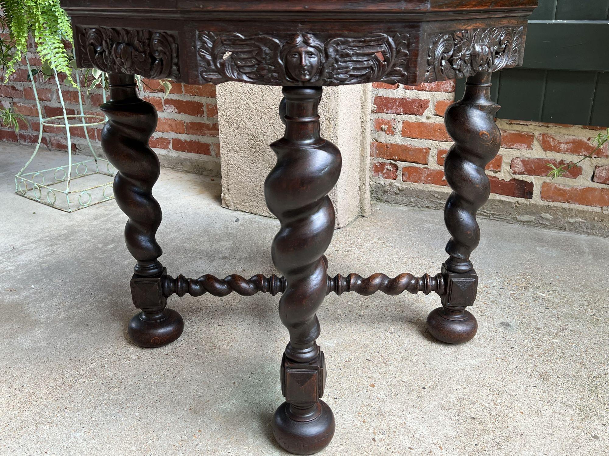 Antique French Octagon Sofa Library Table Carved Oak Barley Twist Louis XIII 12